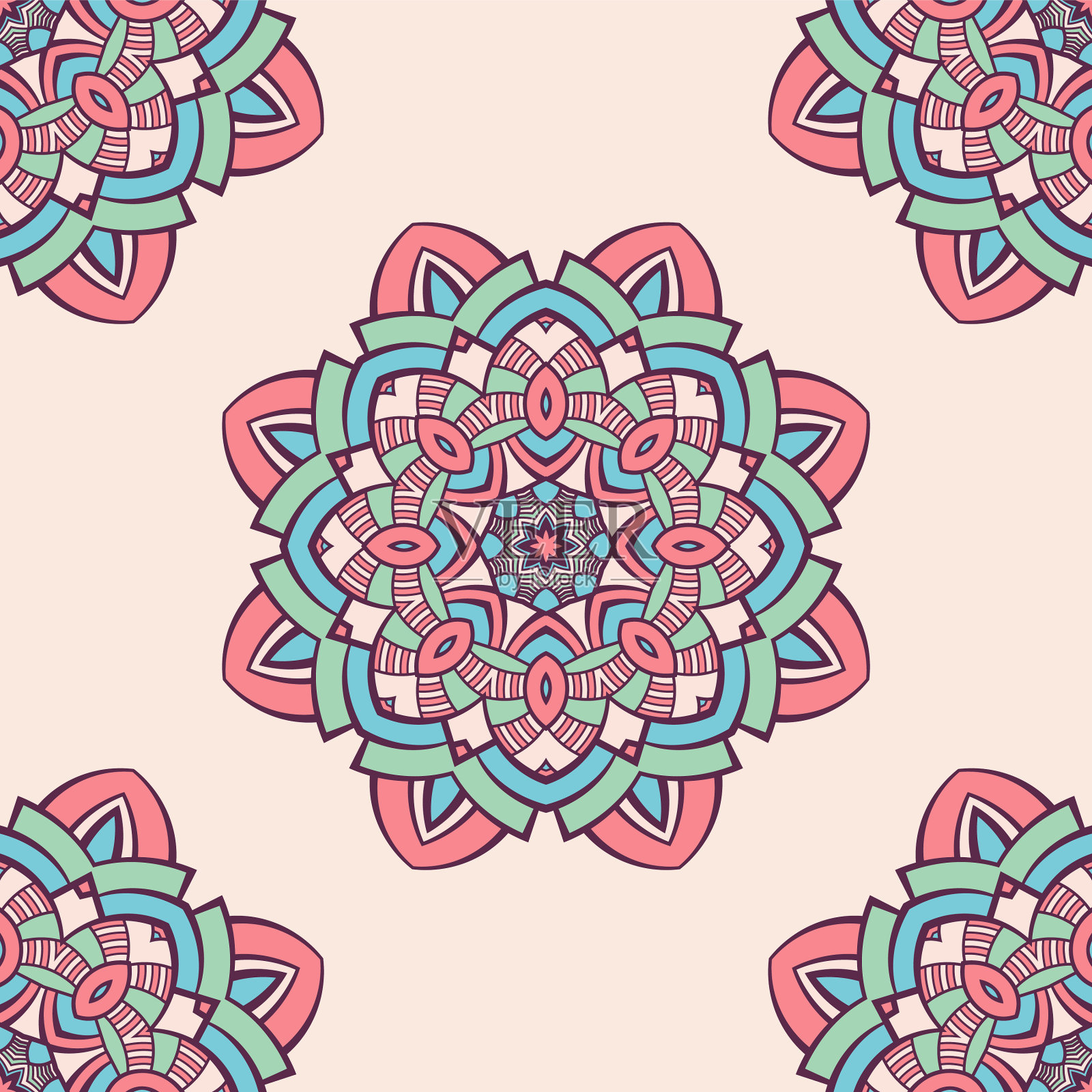 无缝色彩图案与曼陀罗抽象插画图片素材