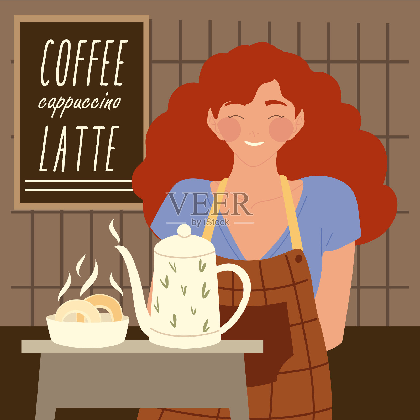 女服务员的肖像，茶壶和面包插画图片素材