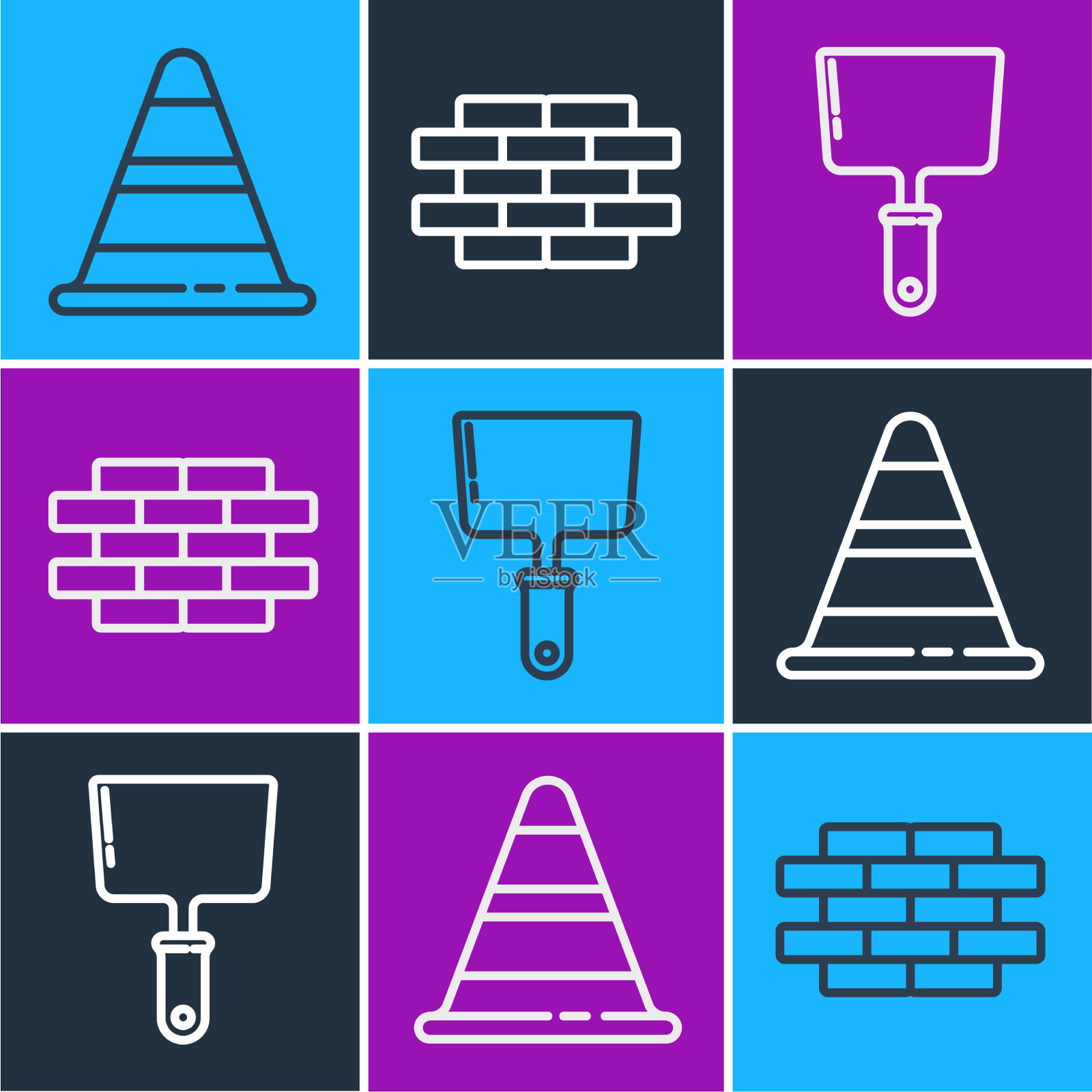 设置线交通锥油灰刀和砖图标插画图片素材