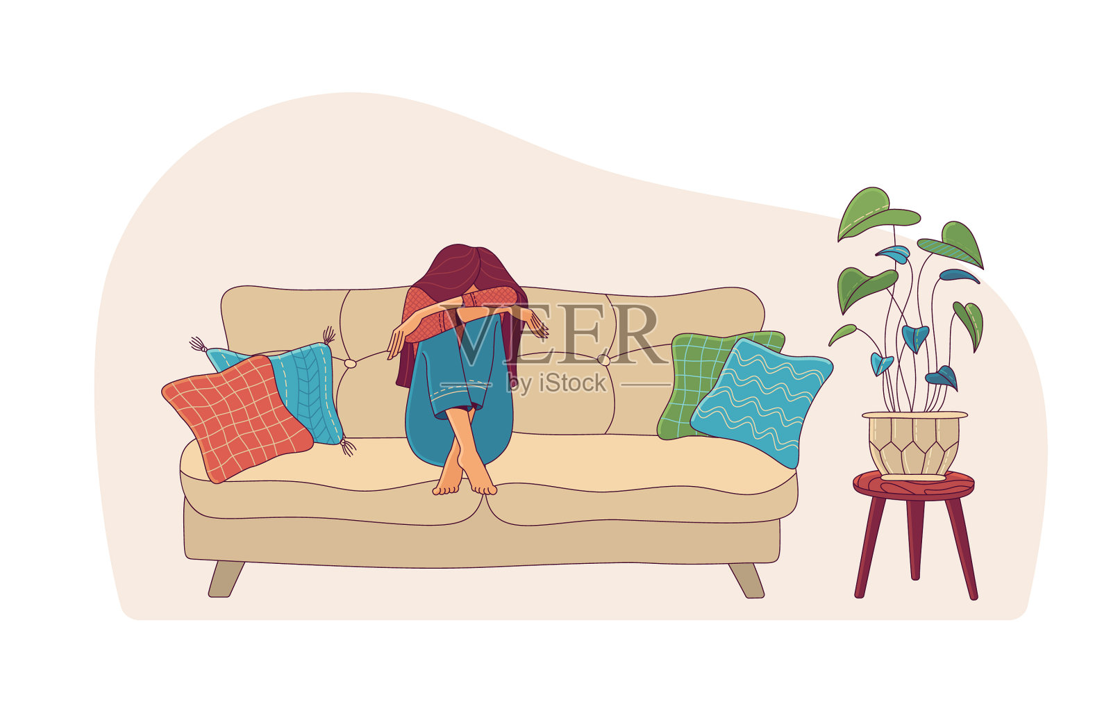 心烦意乱的女人把脸藏在沙发上当作心理健康设计元素图片
