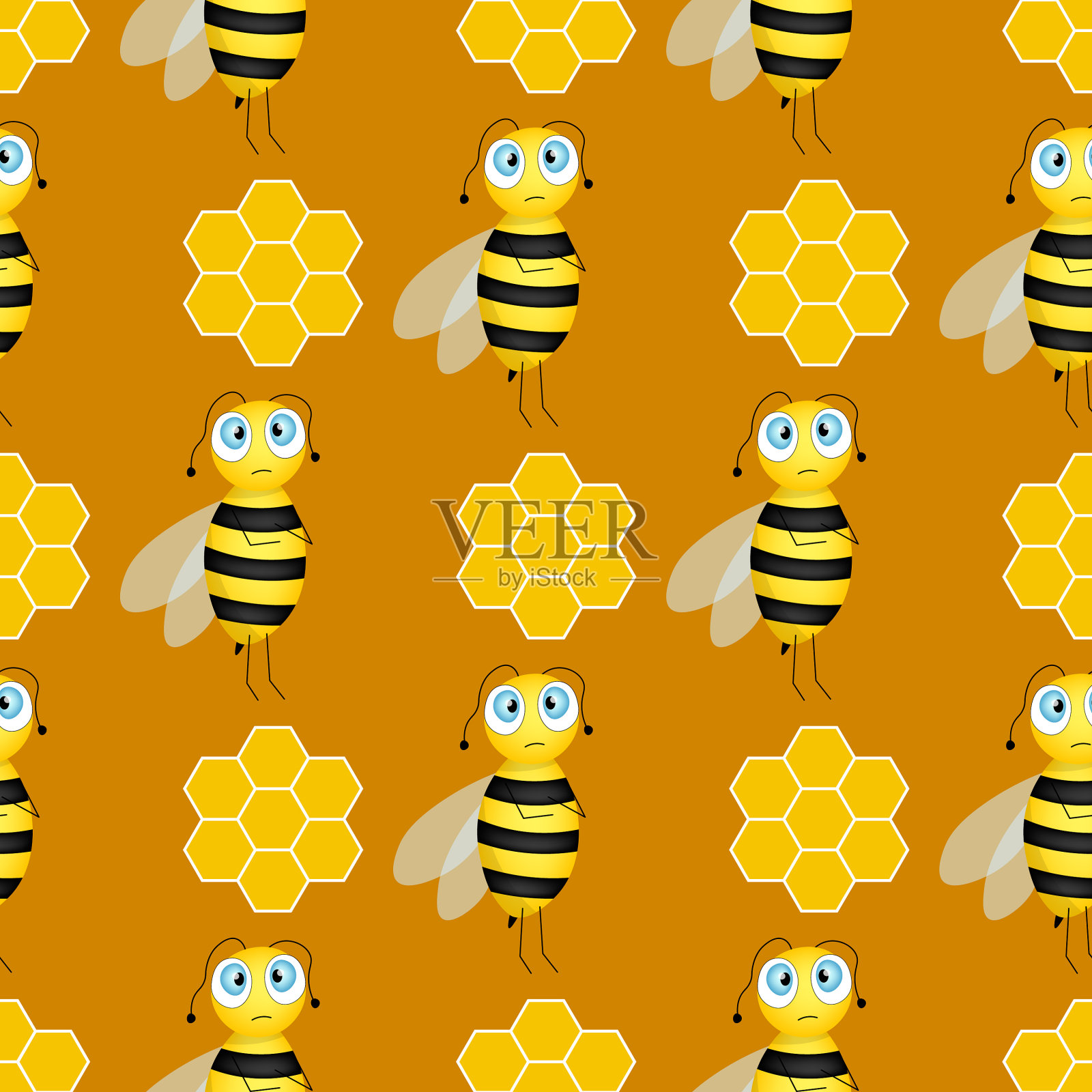 棕色上有蜜蜂和蜂巢的无缝图案插画图片素材