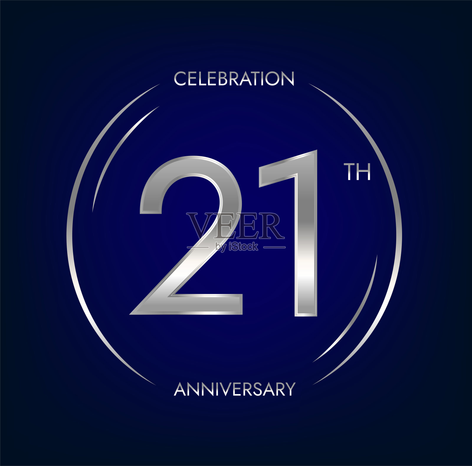 21周年。21岁生日的庆祝标语是银色的。圆形标志与优雅的数字设计。插画图片素材