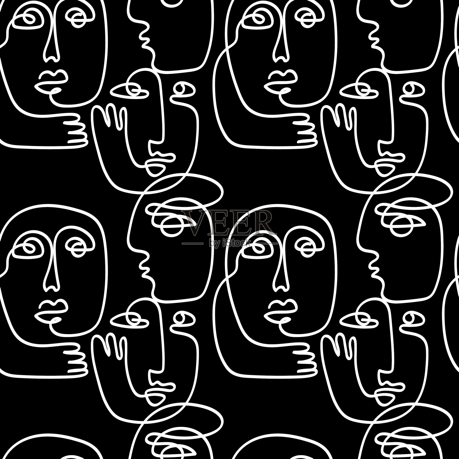 线条艺术人们抽象的面孔无缝图案插画图片素材