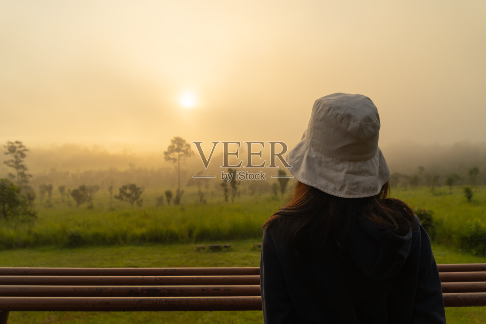 一个背包女游客在萨凡纳山与雾在Thung Salaeng Luang国家公园旅行，彭世洛，泰国。自然景观。人们生活方式的冒险。放松照片摄影图片