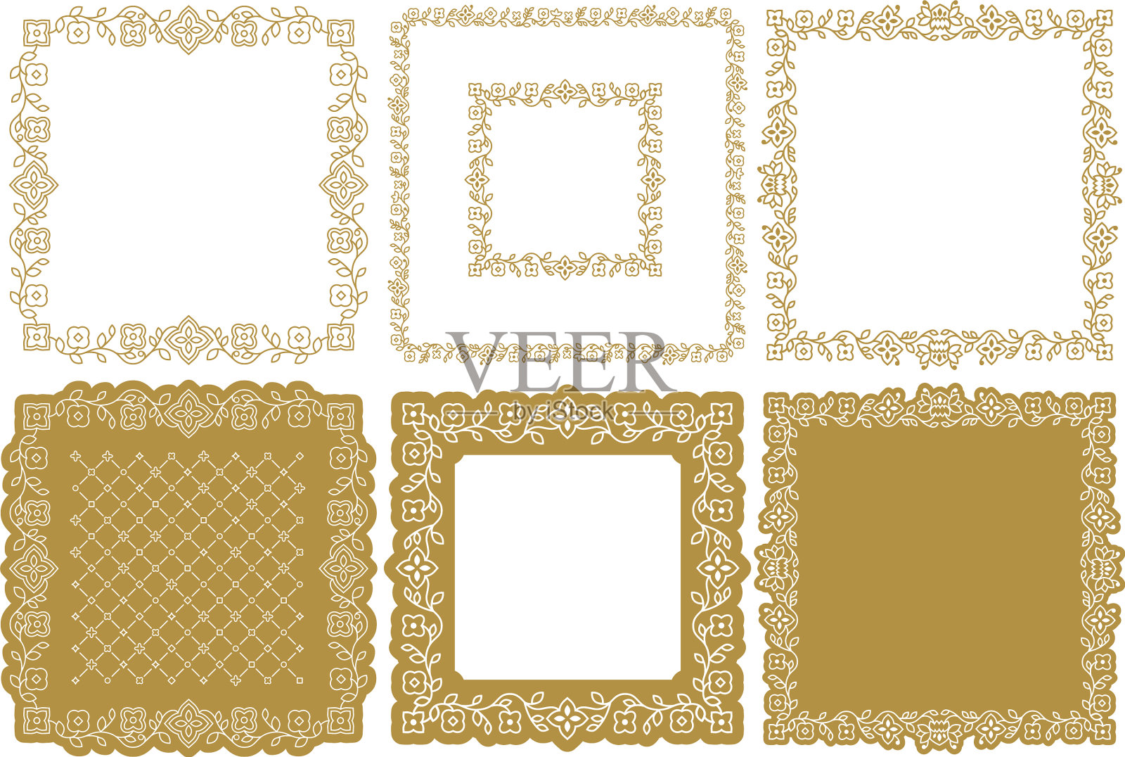 设置金色装饰框架与花卉插画图片素材