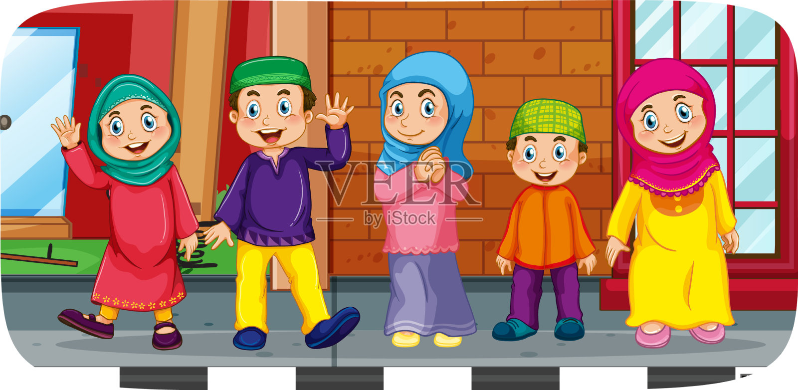 户外场景与许多穆斯林儿童卡通插画图片素材