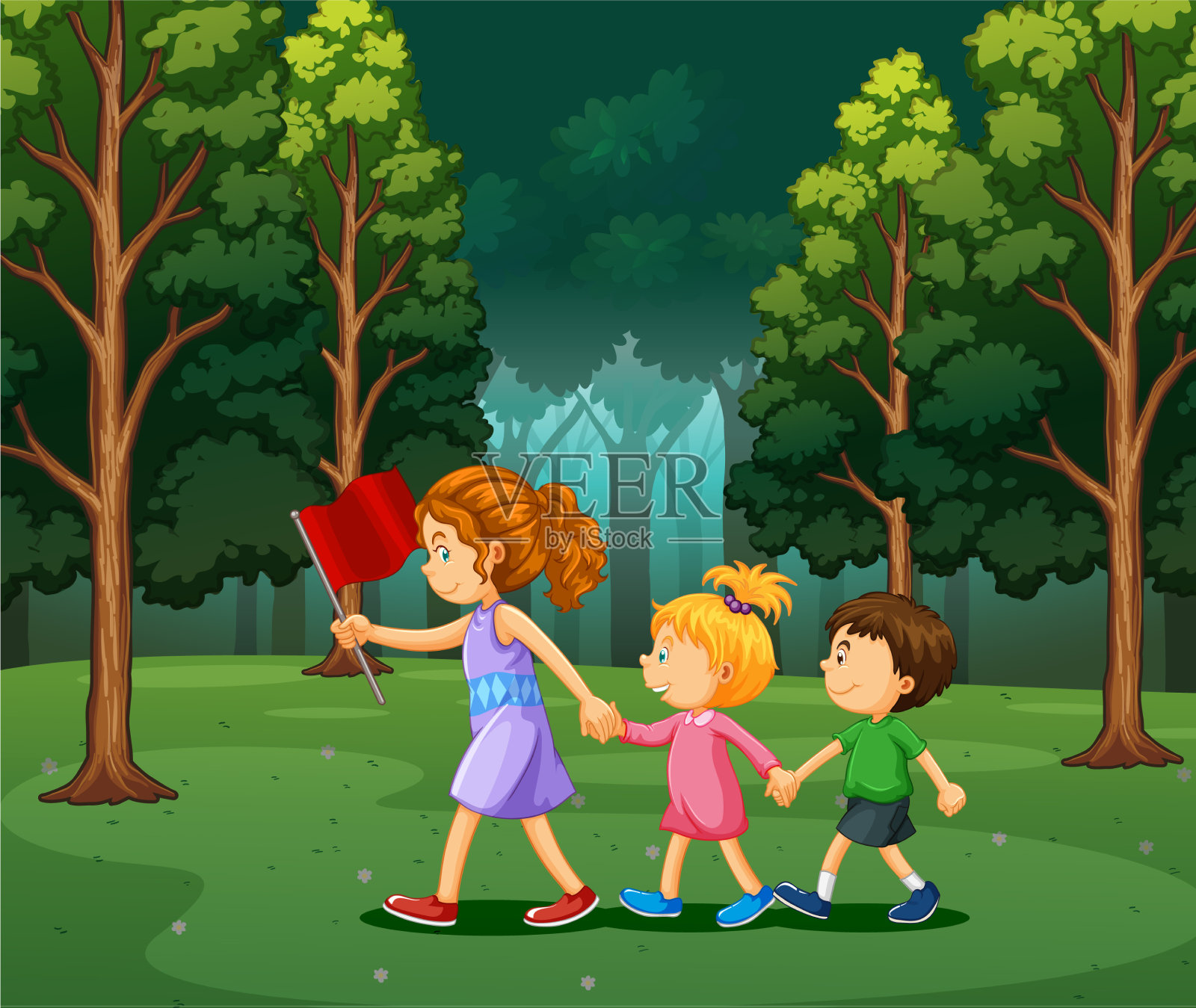 孩子们在森林里徒步旅行的场景插画图片素材