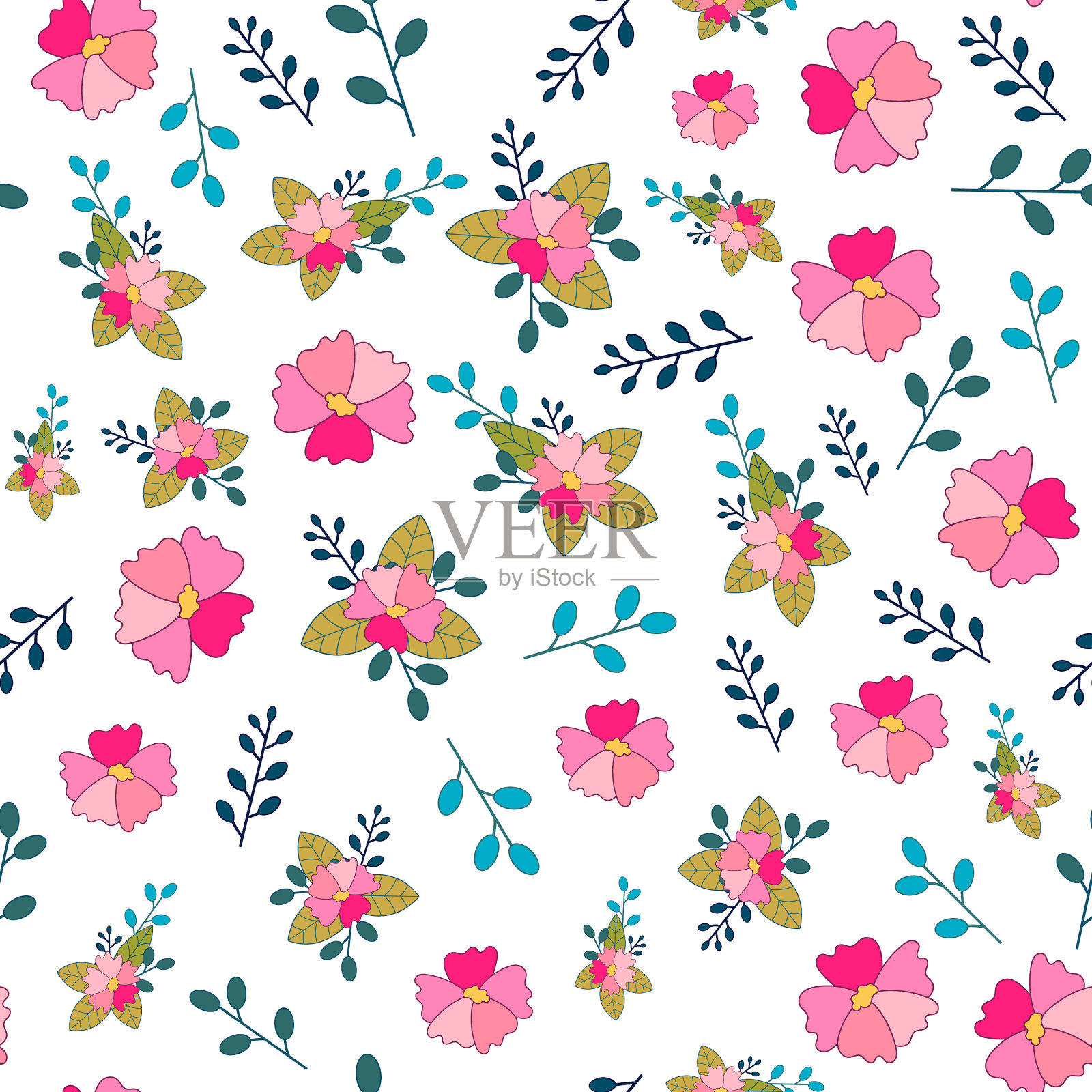 无缝图案与粉红色的花和叶插画图片素材