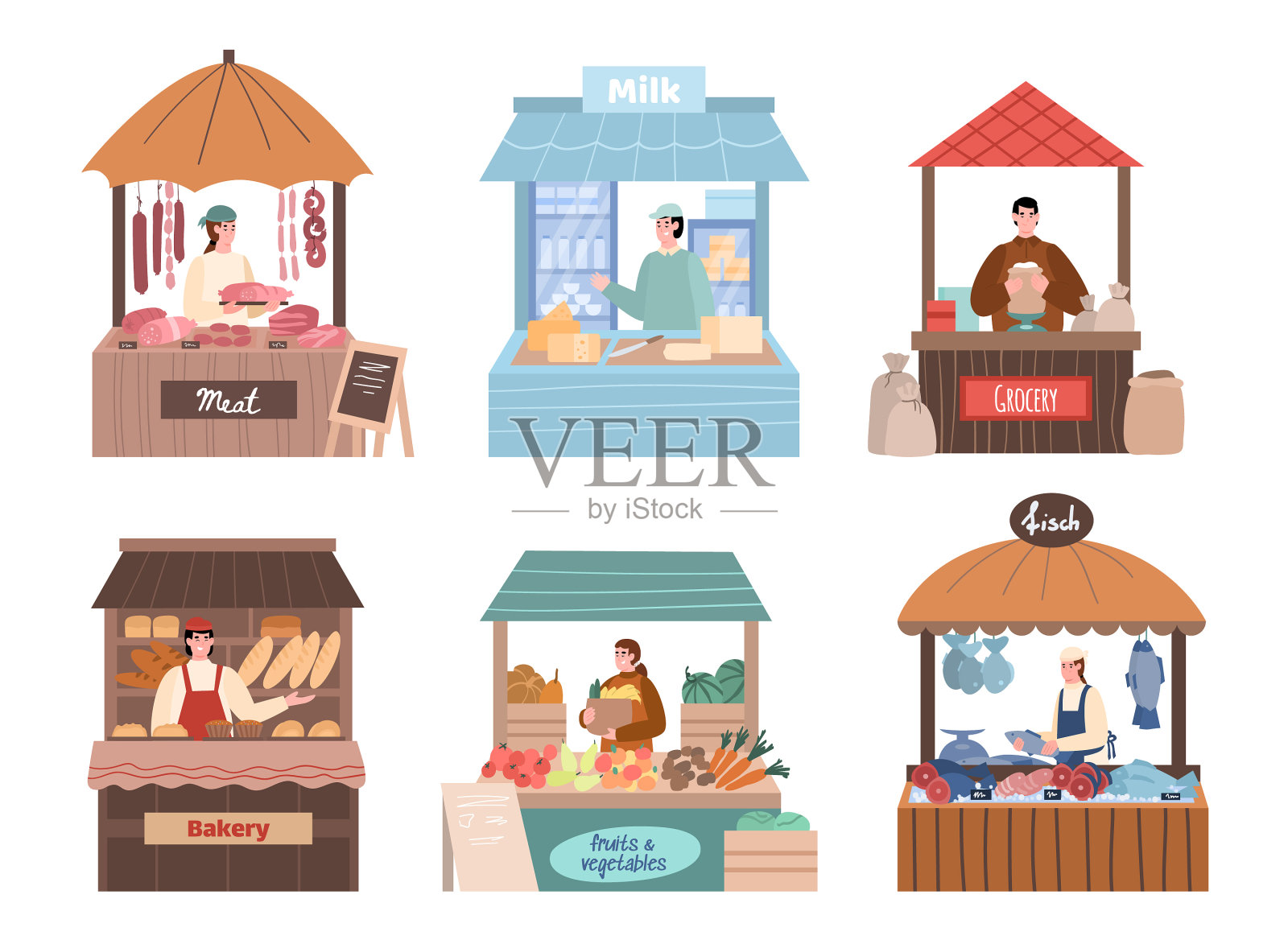 把当地农民安置在摊位柜台后面插画图片素材