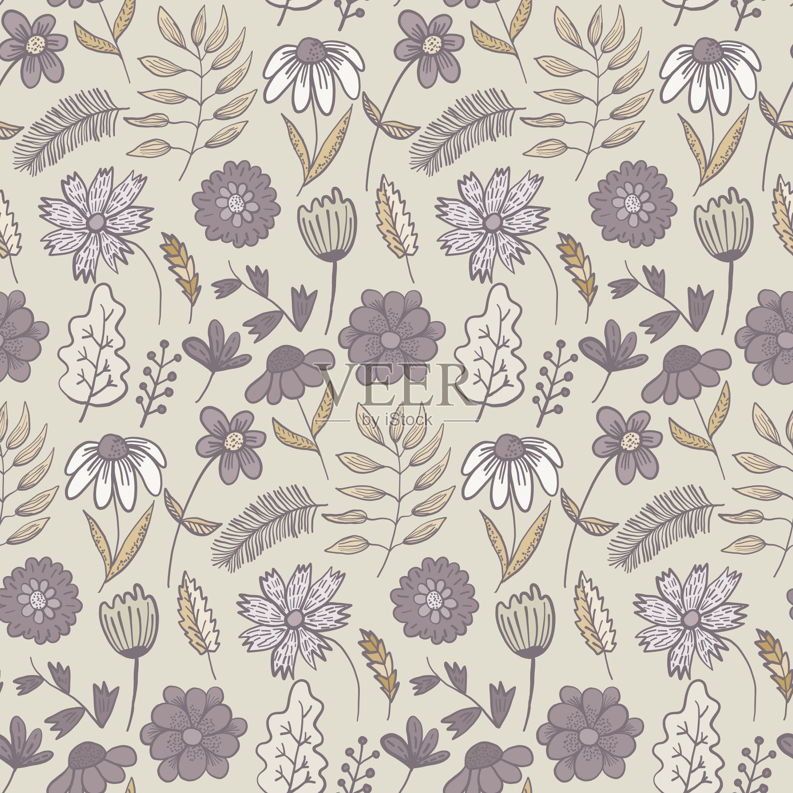 淡紫色和橙色图案与涂鸦花插画图片素材