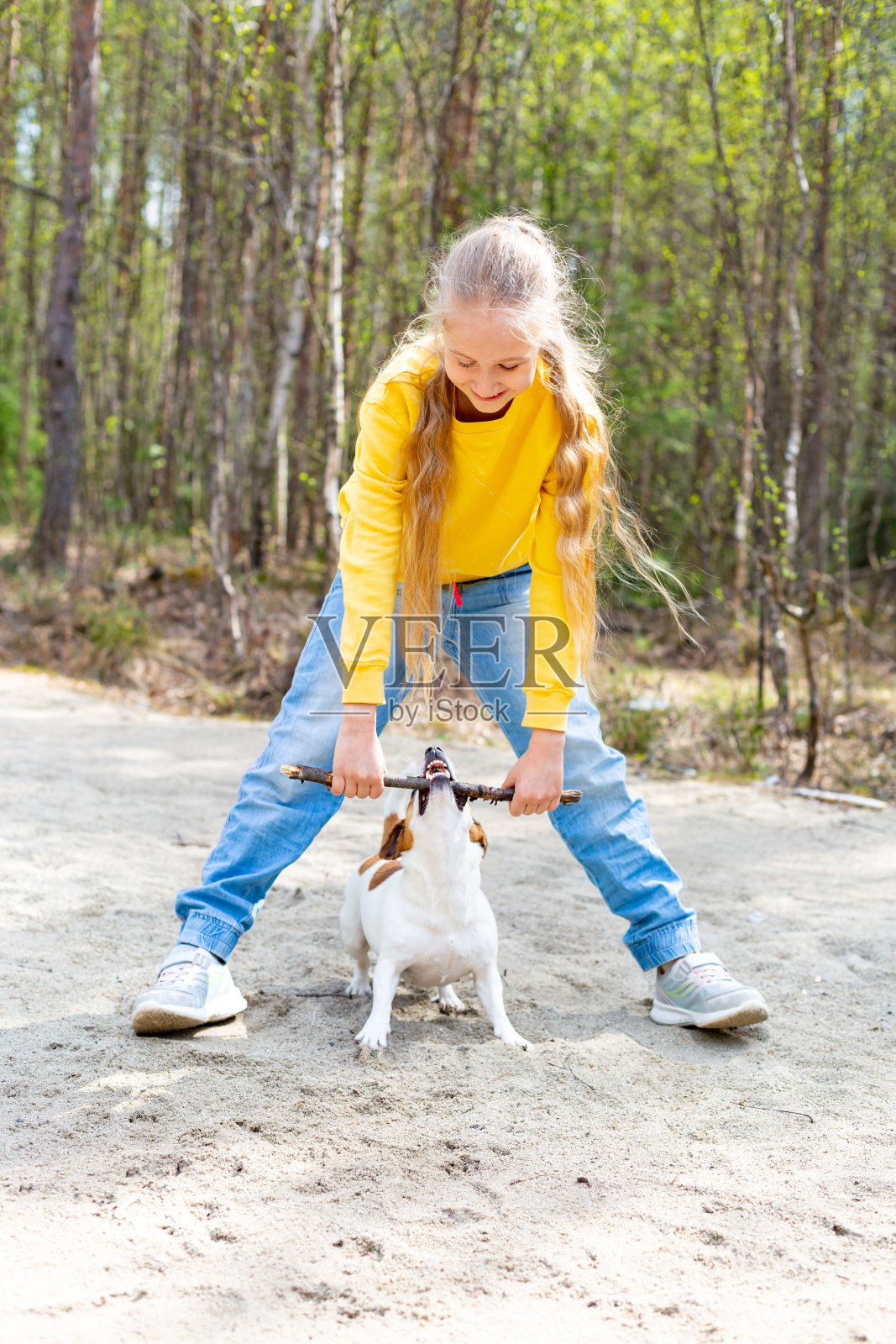 一个金色长发的少女在公园里和一只狗玩棍子。照片摄影图片