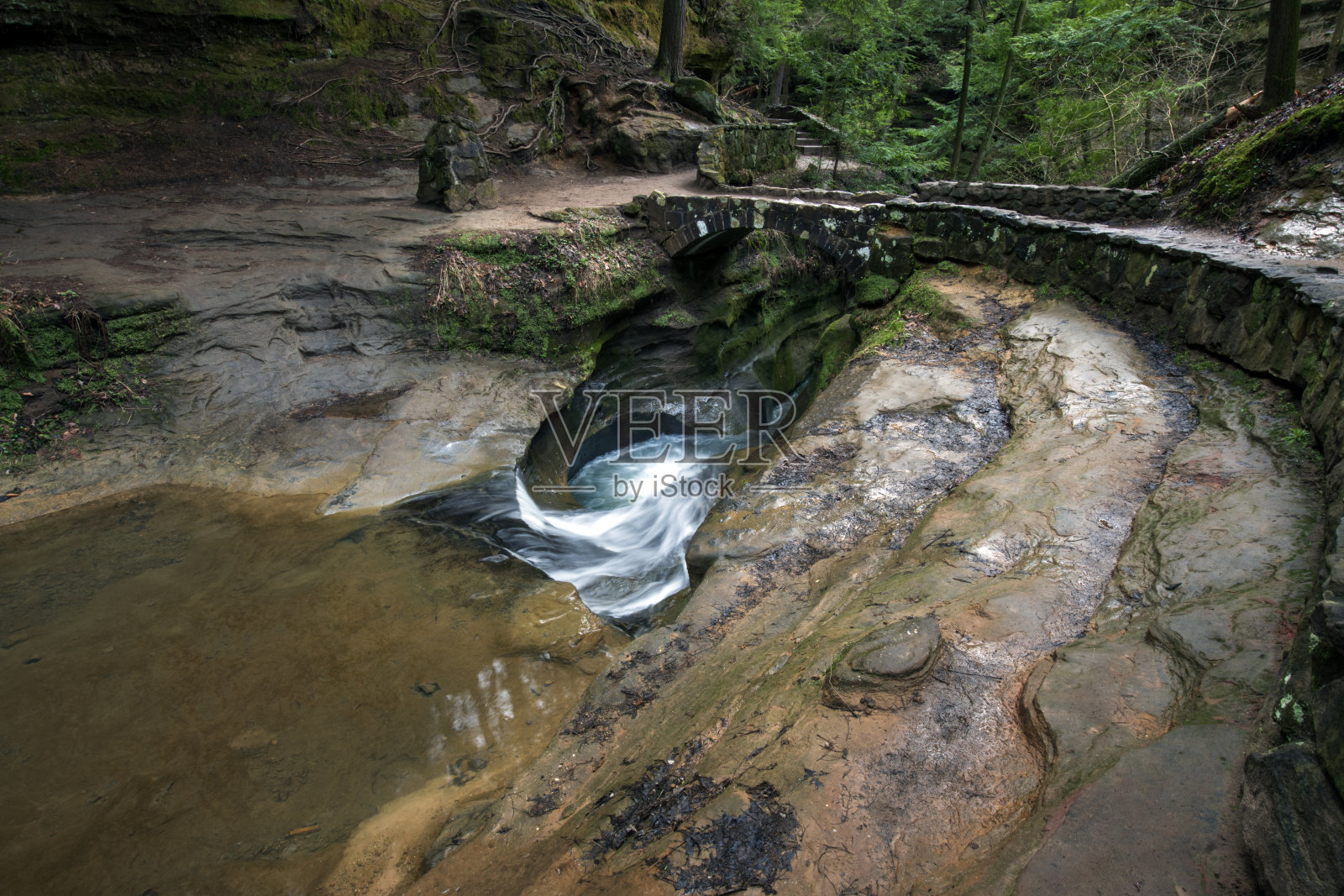 瀑布在岩层中形成漩涡照片摄影图片