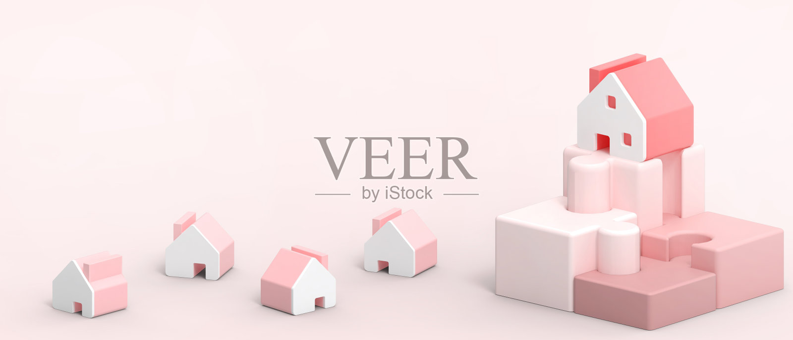 房地产行业。通过红色背景上的拼图符号，引导房地产行业和小型住宅概念与金融联系的想法。复制空间，横幅- 3d渲染照片摄影图片