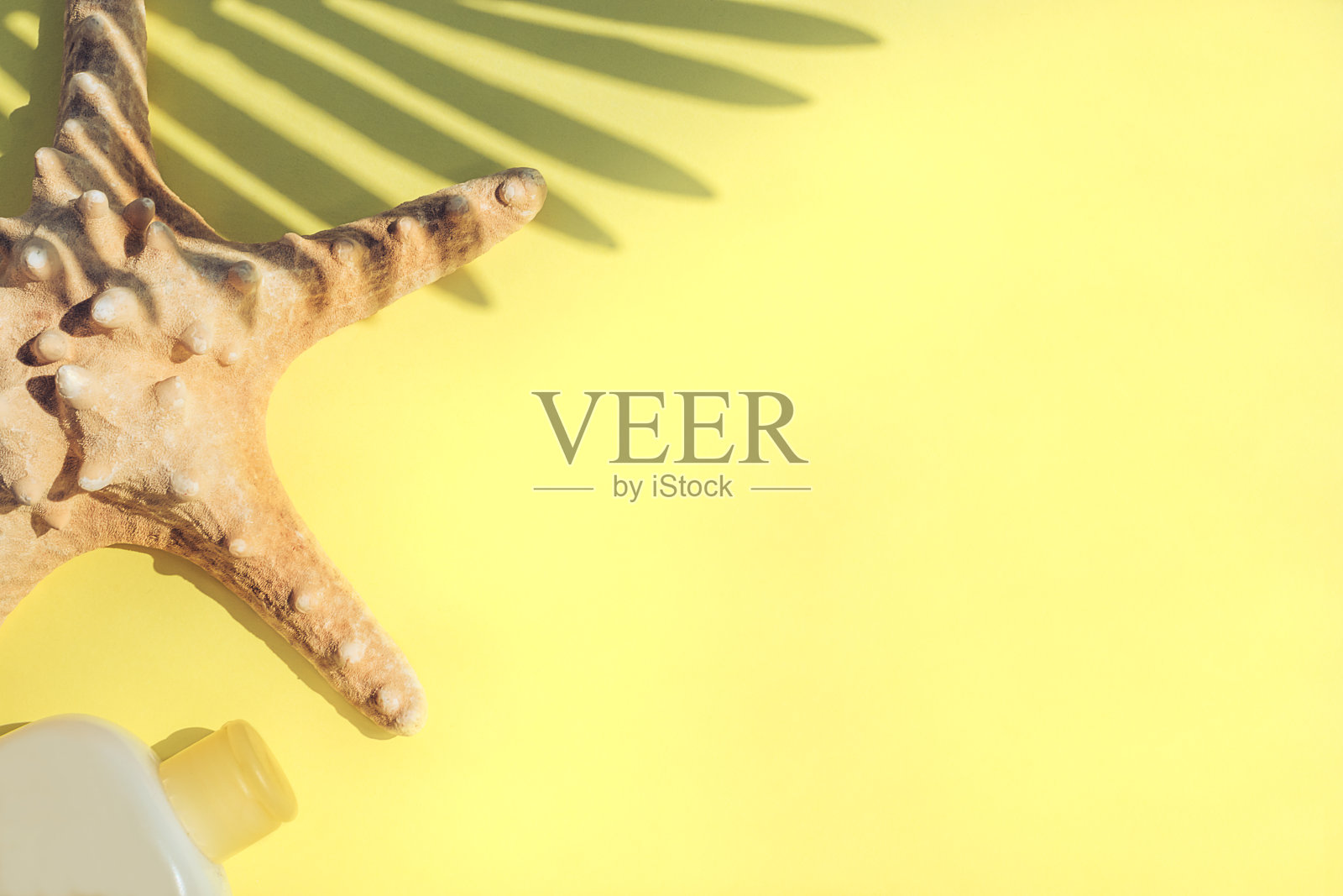 晒干的海星，防晒霜，黄色背景上棕榈叶的影子。夏季和旅游概念。照片摄影图片