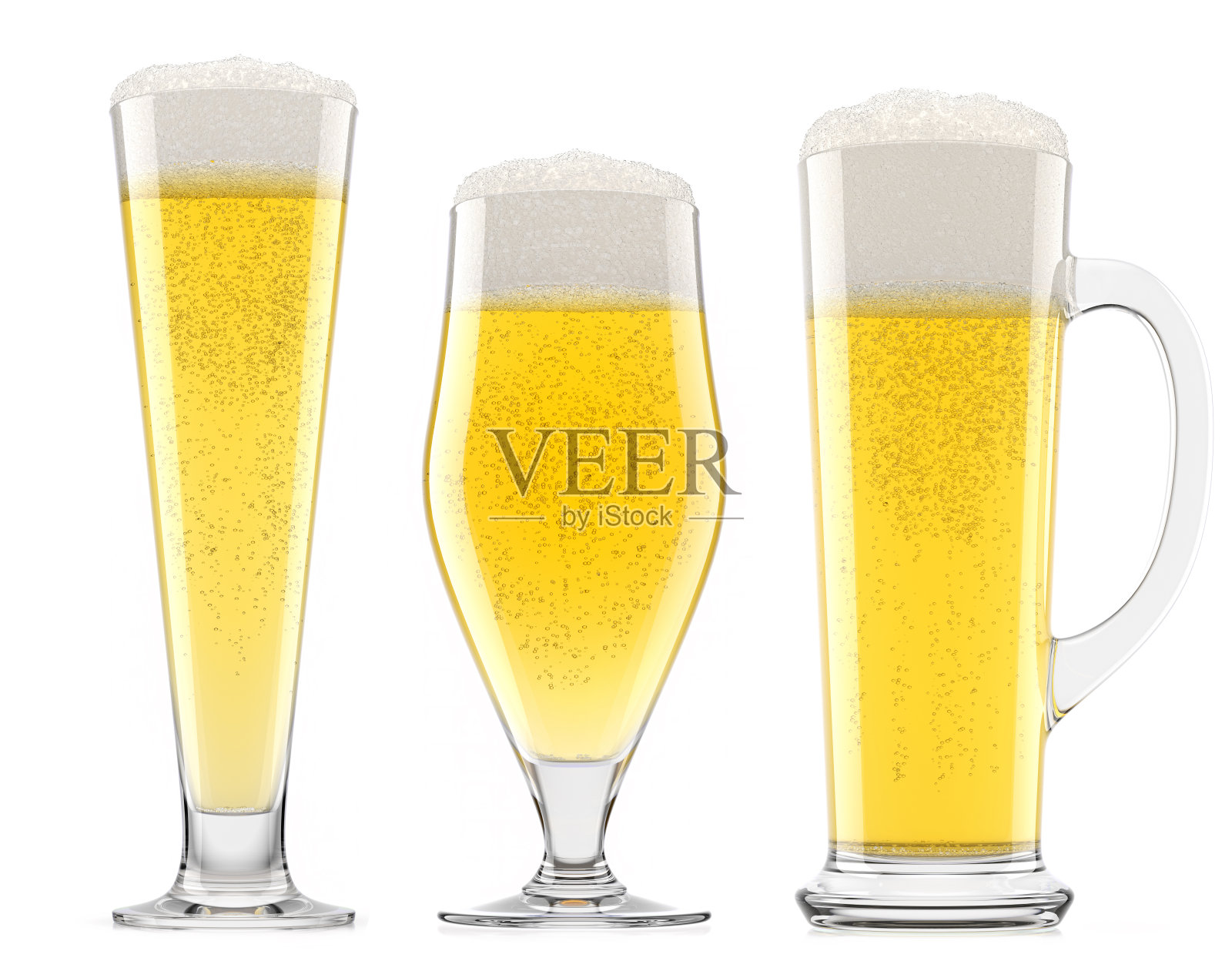 一套新鲜啤酒在不同的杯子与泡沫隔离在白色。照片摄影图片