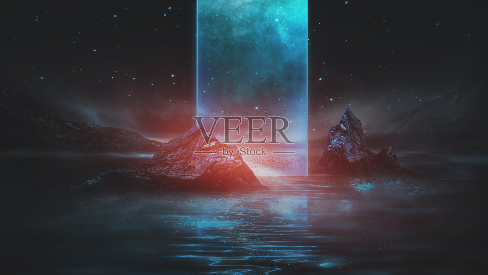 未来幻想的夜晚景观抽象的景观和岛屿，月光，光芒，月亮，霓虹灯。黑暗的自然场景与光在水中的反射。霓虹空间星系门户。3 d渲染。照片摄影图片