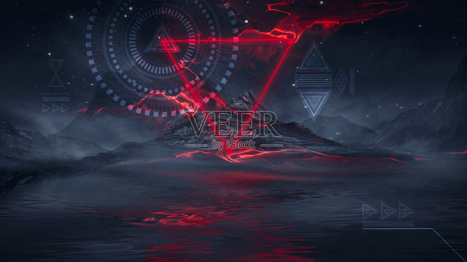 未来主义幻想的夜晚景观与抽象的景观和岛屿，月光，光辉，月亮，霓虹灯。黑暗的自然场景与光反射在水中。霓虹太空星系门户。3 d渲染。照片摄影图片