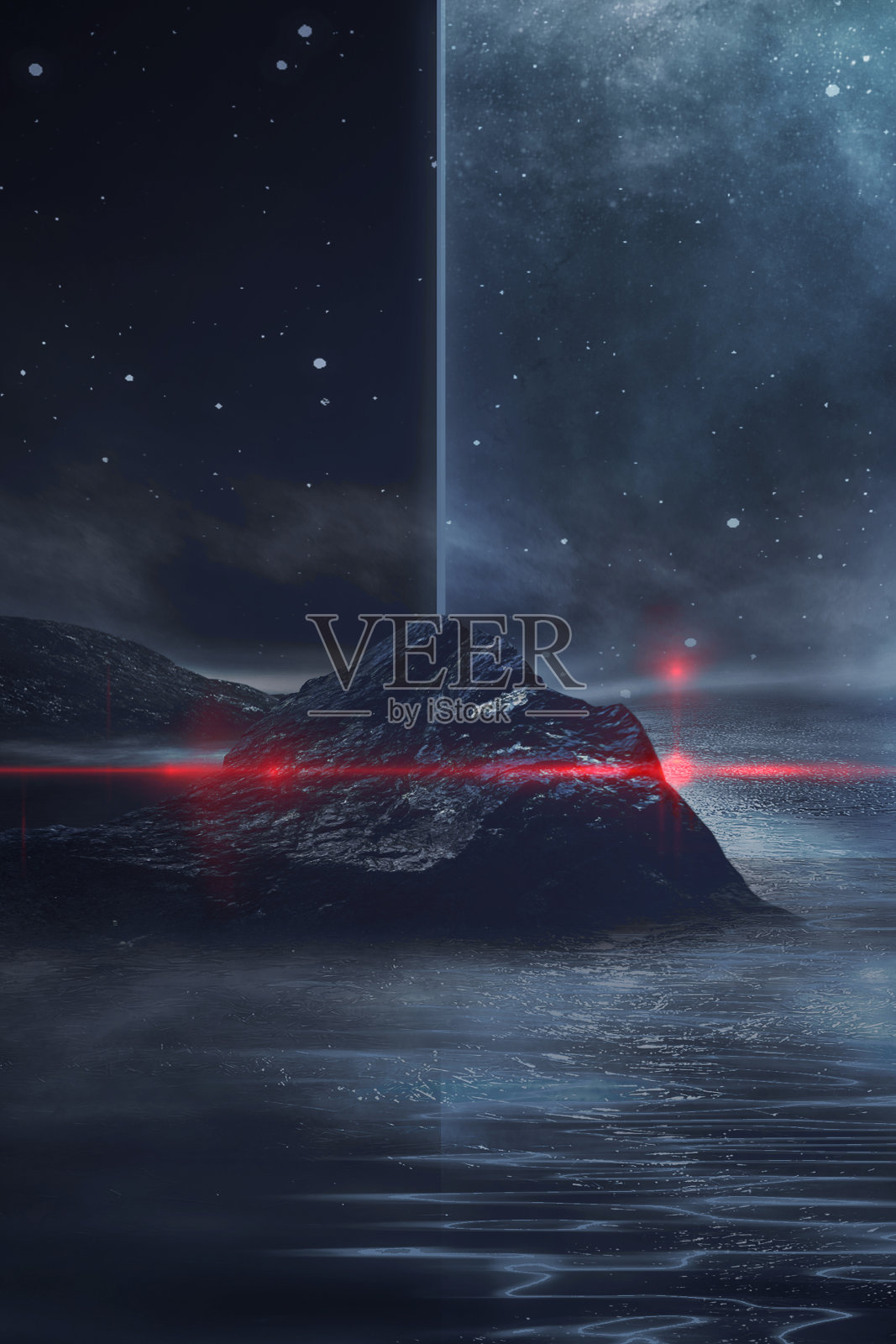 未来幻想的夜晚景观抽象的景观和岛屿，月光，光芒，月亮，霓虹灯。黑暗的自然场景与光在水中的反射。霓虹空间星系门户。3 d渲染。照片摄影图片