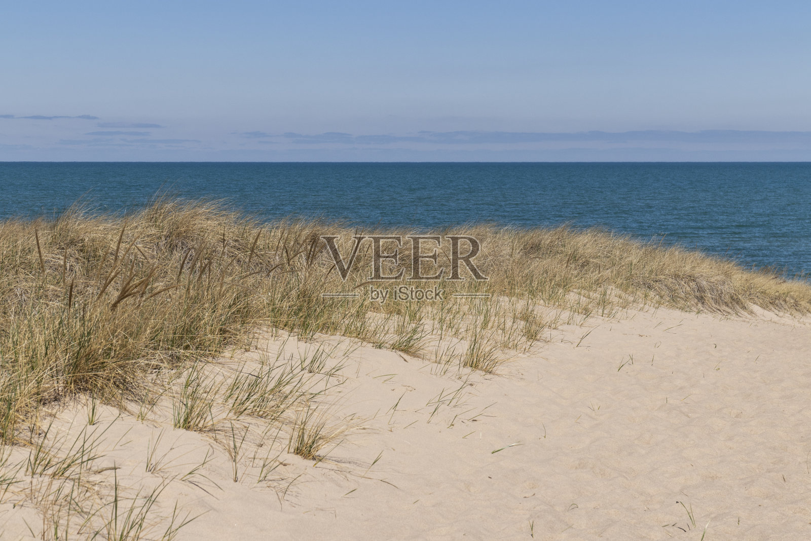 美丽的沙丘覆盖着海滩草俯瞰密歇根湖与蓝色的水和蓝天。远处的云呈淡红色。照片摄影图片