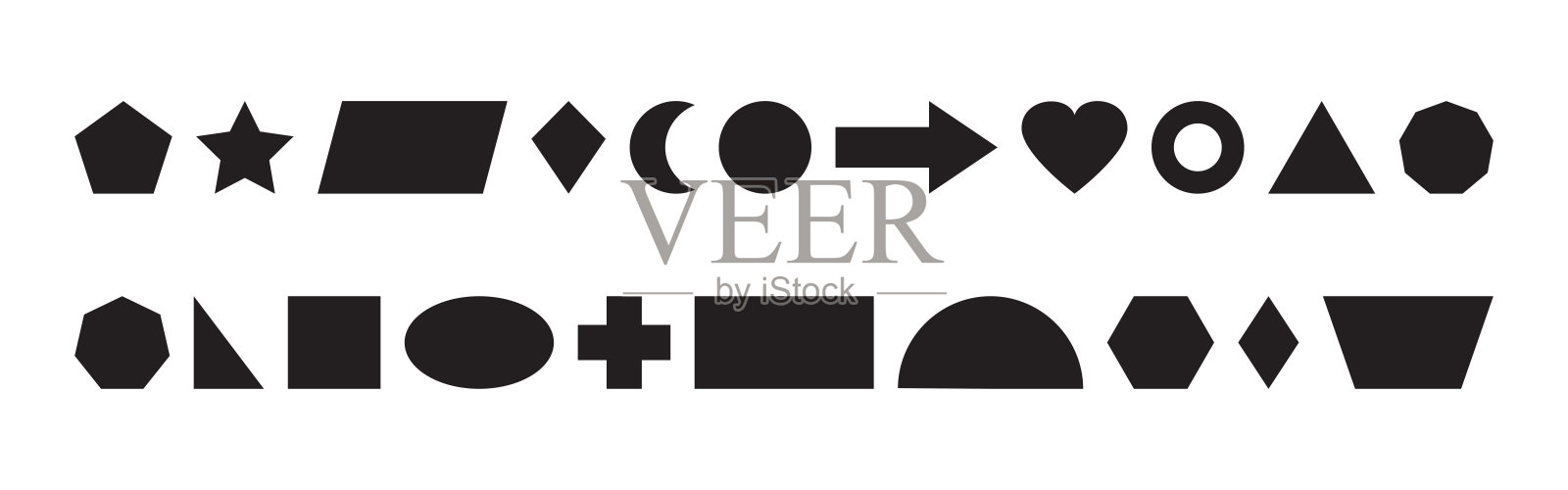 基本几何形状的孩子，黑色可爱的矢量图标，卡通人物。教育和儿童游戏插图图标素材