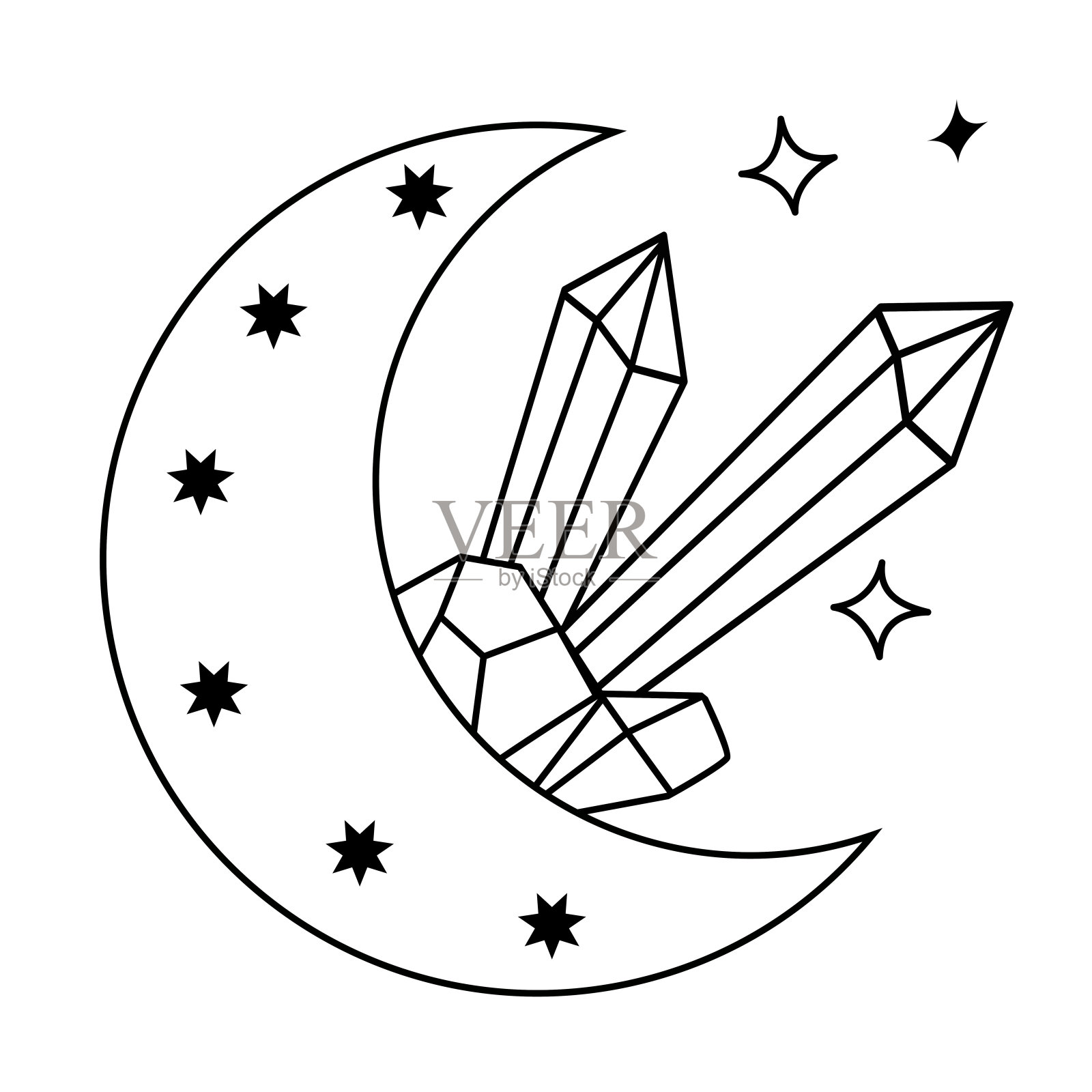 水晶月亮纹身画。可爱神奇的天上水晶，星星树叶。神秘的月亮相位图形元素插画图片素材