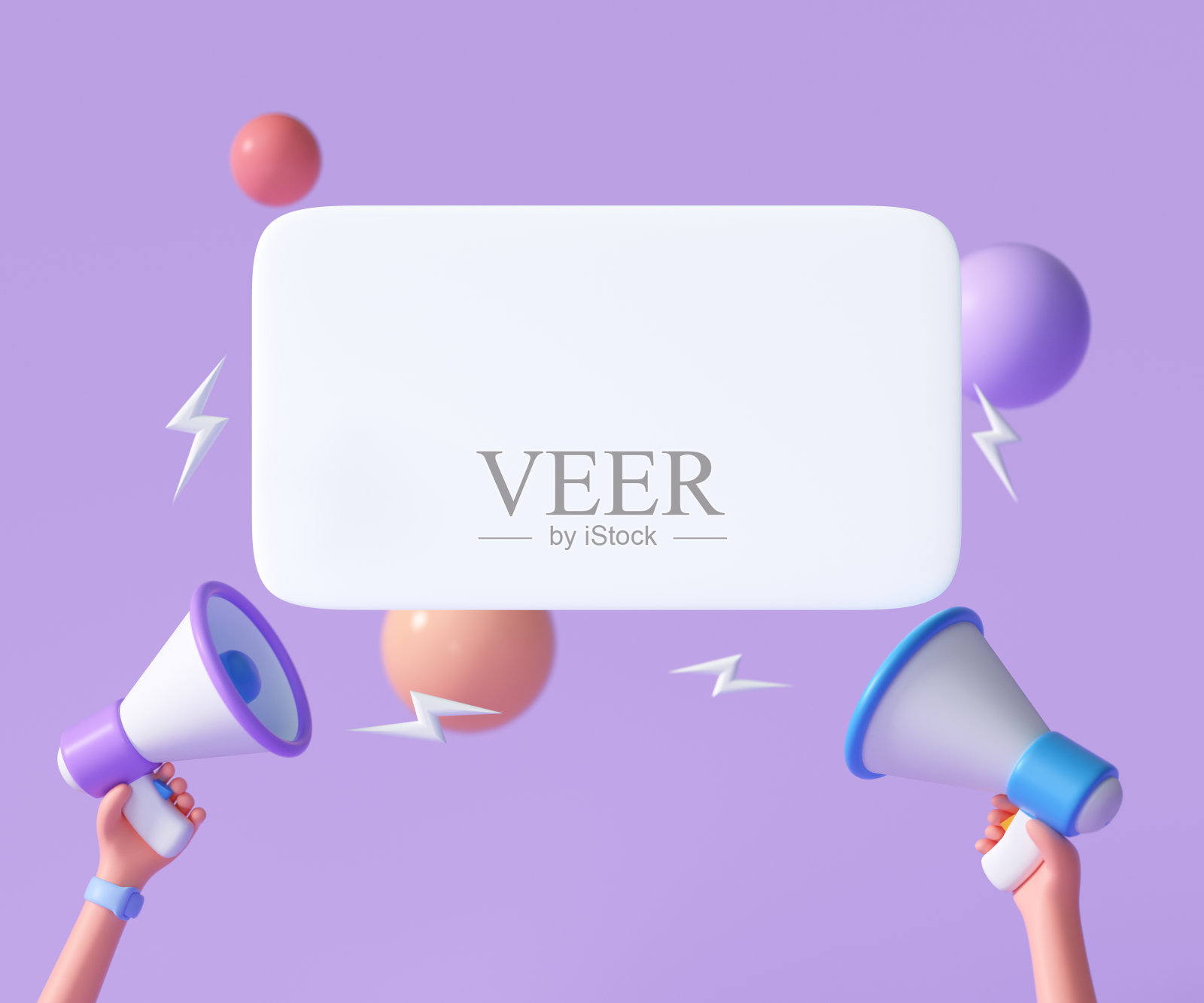 卡通手持扩音器与讲话气泡在紫色背景与复制空间。3 d渲染图照片摄影图片