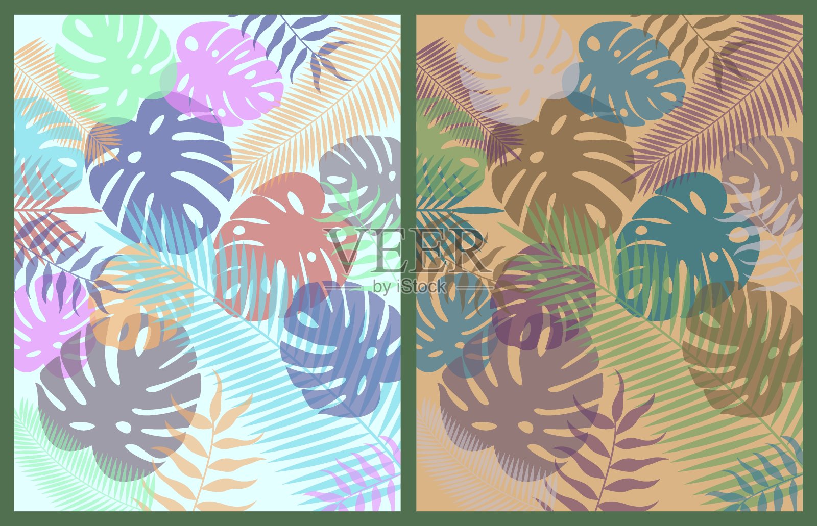 热带抽象背景。透明的怪物和棕榈叶。矢量图插画图片素材