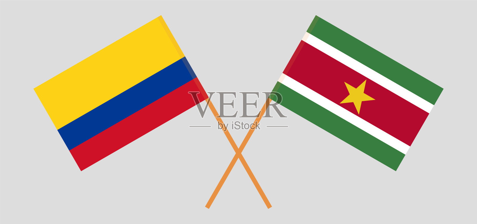 哥伦比亚和苏里南的国旗交叉。官方色彩。正确的比例插画图片素材