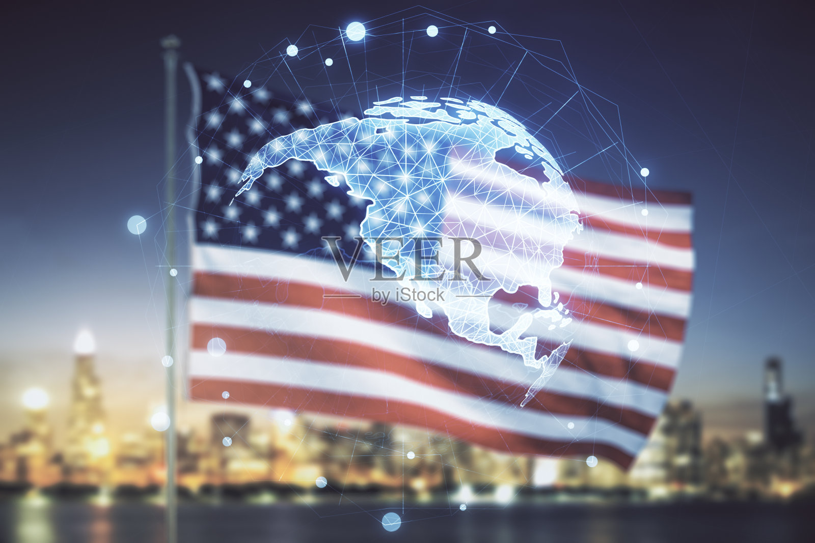北美数字地图，美国国旗和天际线背景全息图，全球技术概念。Multiexposure照片摄影图片