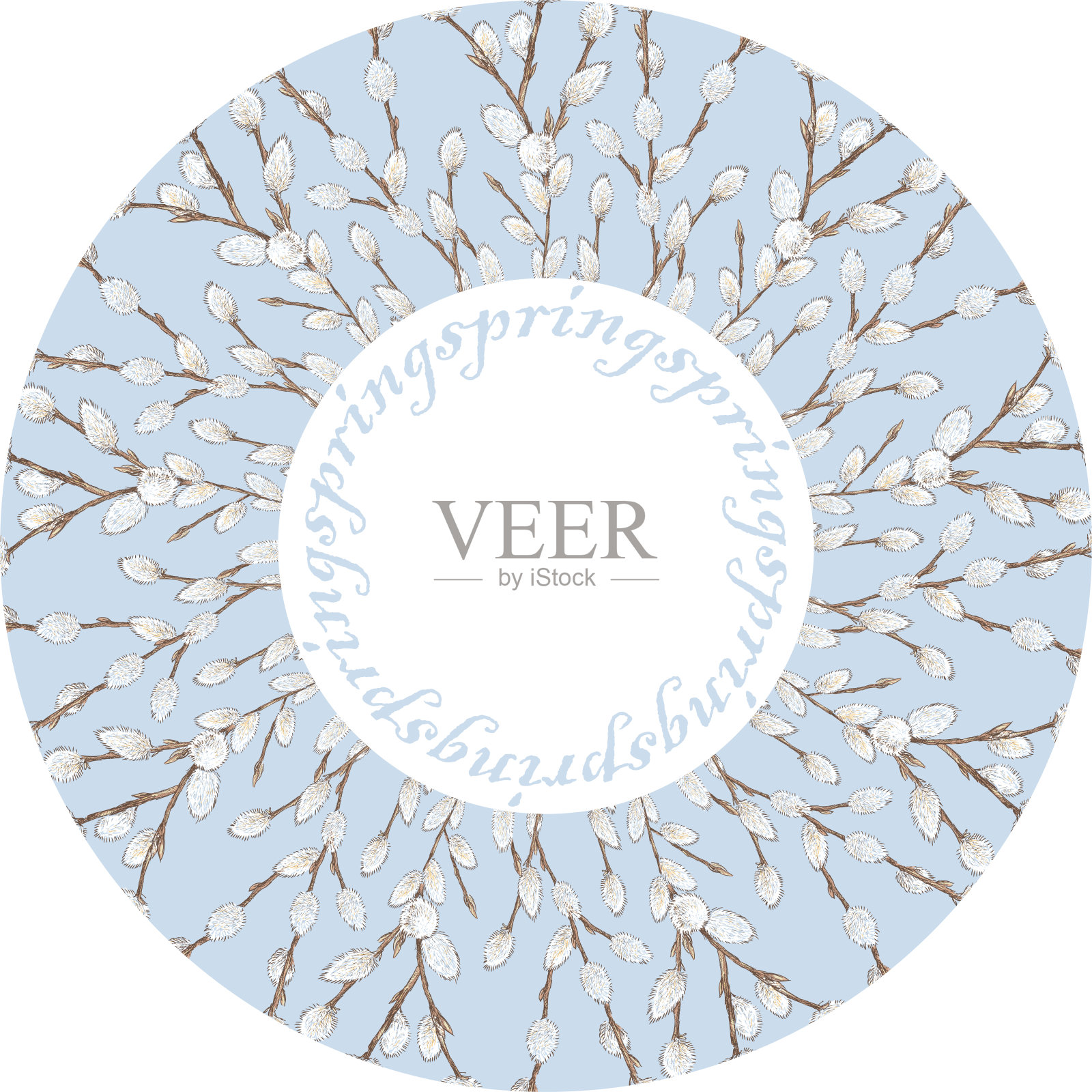 装饰性的圆形边框，从绘制的春天柳枝与松软的芽插画图片素材