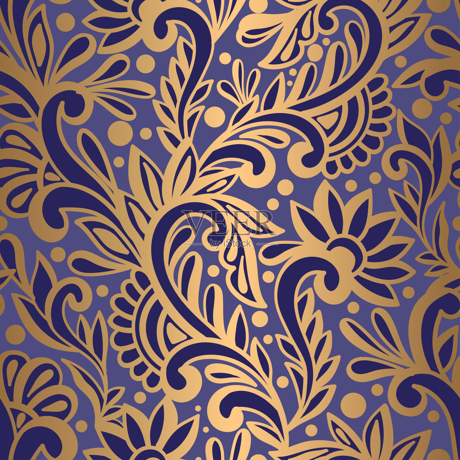 蓝色和金色叶子无缝的图案。抽象矢量装饰模板。佩斯利的元素。非常适合织物，邀请，背景，墙纸，装饰，包装或任何想要的想法。插画图片素材
