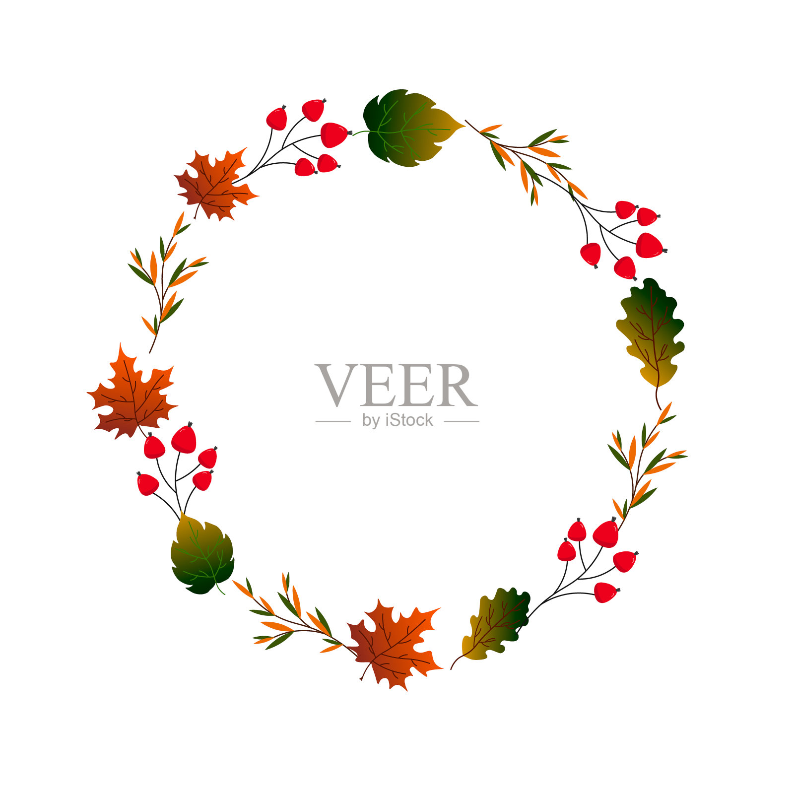 圆圆的框架上有秋天的叶子和红色的浆果。你好,秋天。插画图片素材