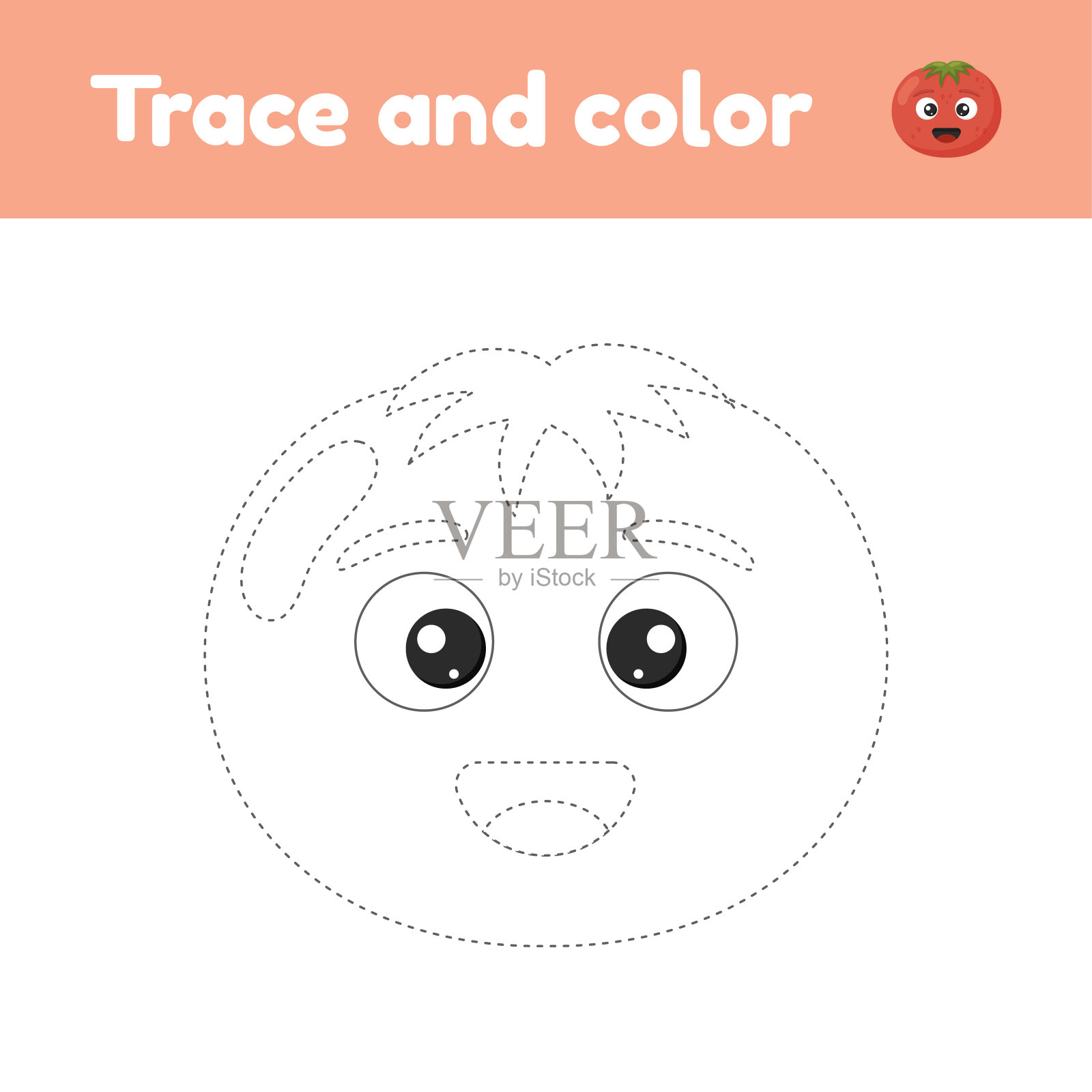 可爱的蔬菜番茄着色书。适合幼儿园、学前班和学龄儿童。跟踪表。发展精细的运动技能和书写。矢量插图。插画图片素材