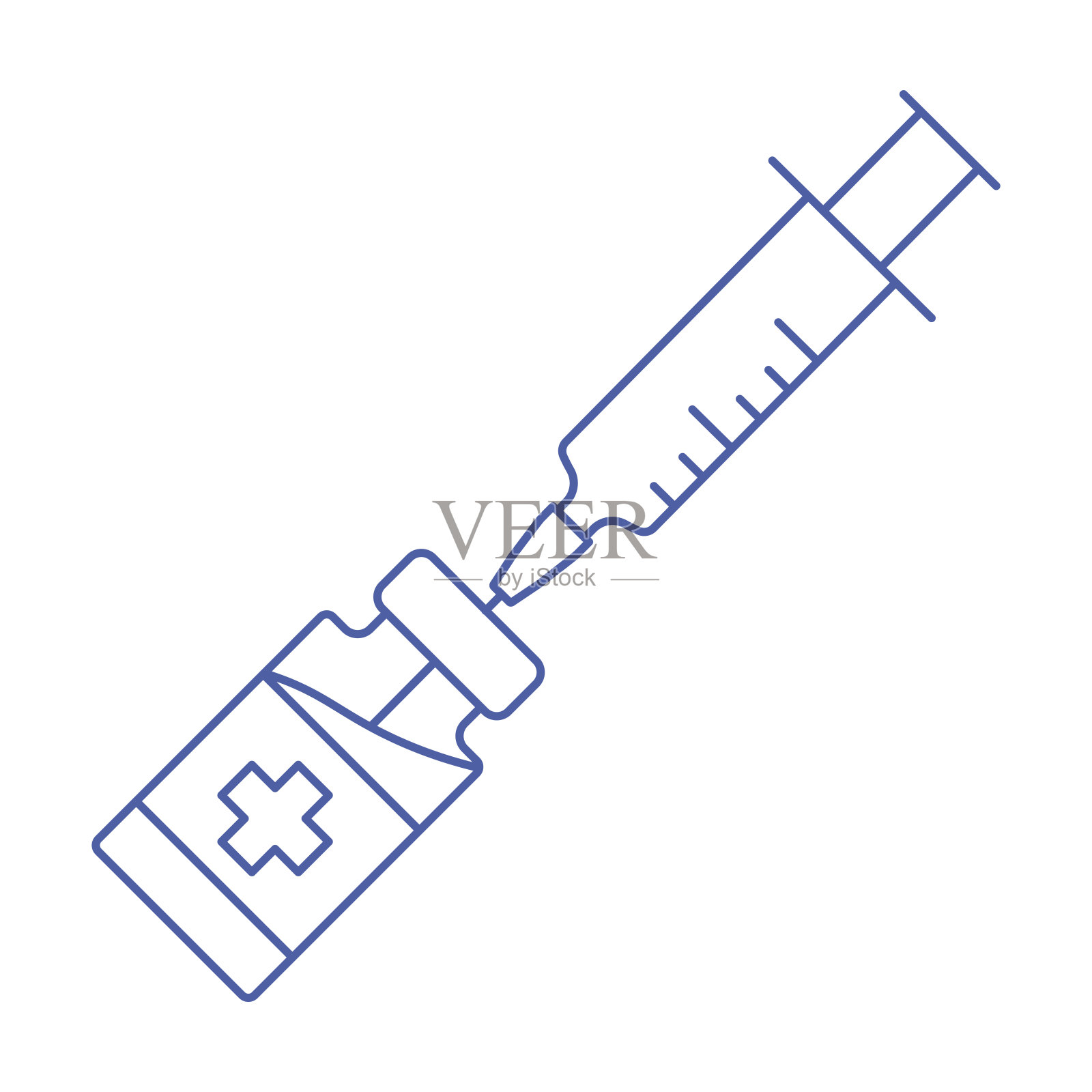 冠状病毒疫苗线图标。有小瓶标志的注射器。带注射器符号的医用疫苗瓶。线型，接种冠状病毒疫苗。可编辑的中风。免疫的概念插画图片素材