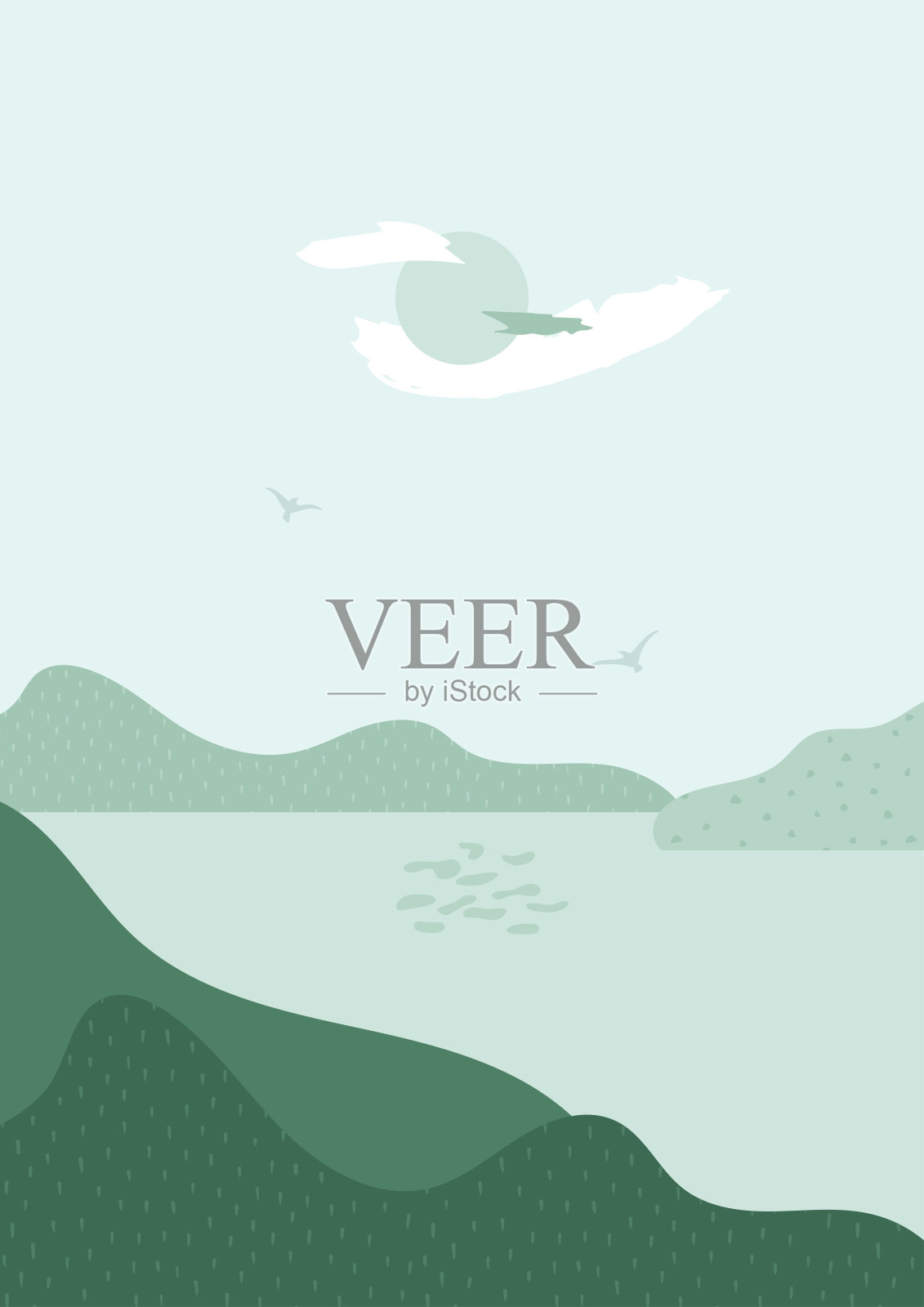 抽象景观与山，水和太阳反射在湖，海，纹理元素。插画图片素材