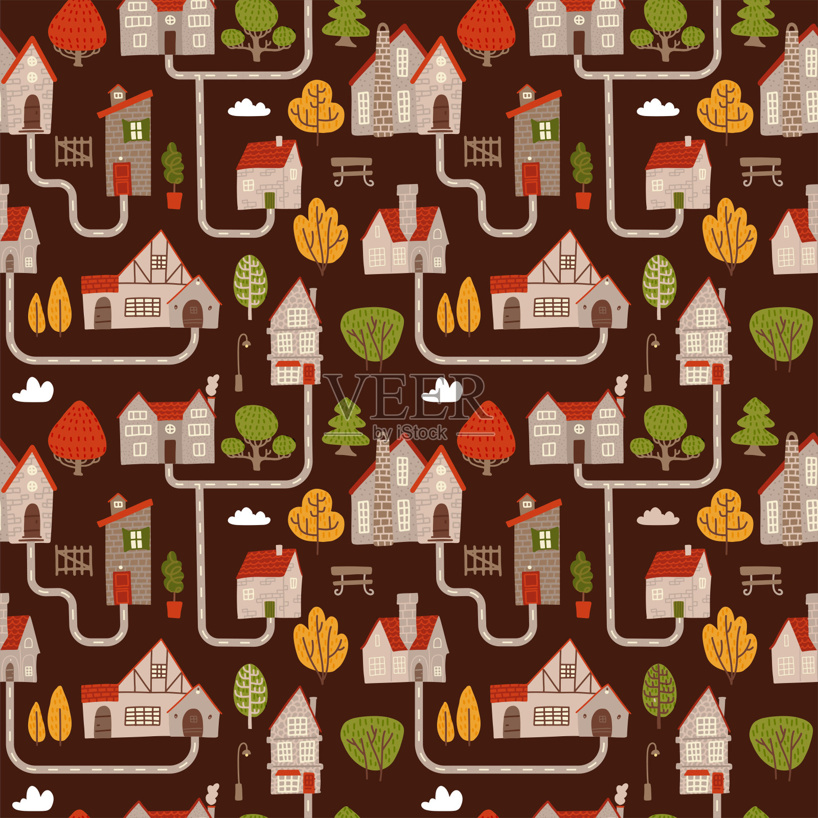 景观为乡村无缝格局，配有石屋和道路，俯视图图。矢量平面手绘图形说明插画图片素材