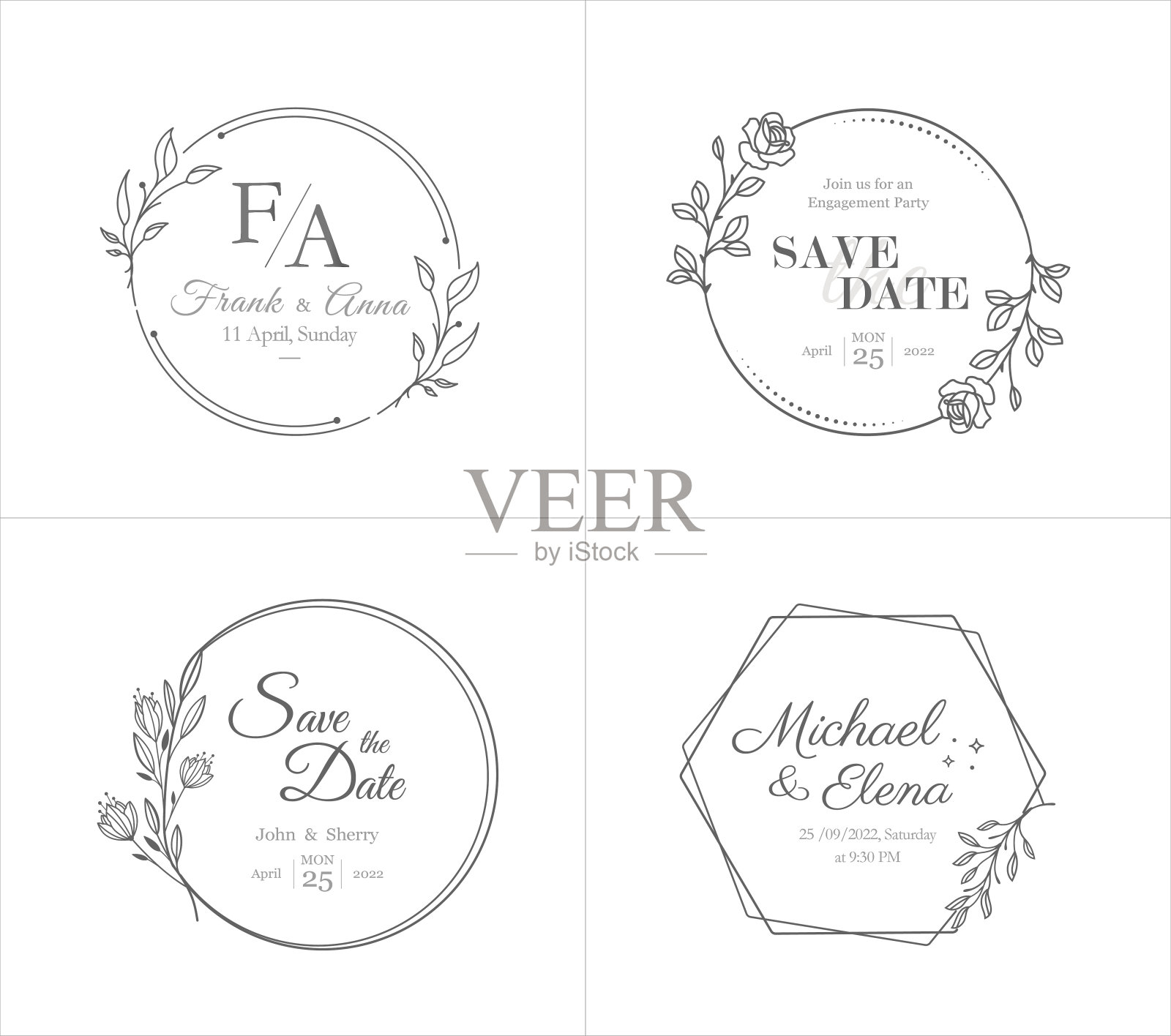 豪华和简约的婚礼花徽章插画图片素材