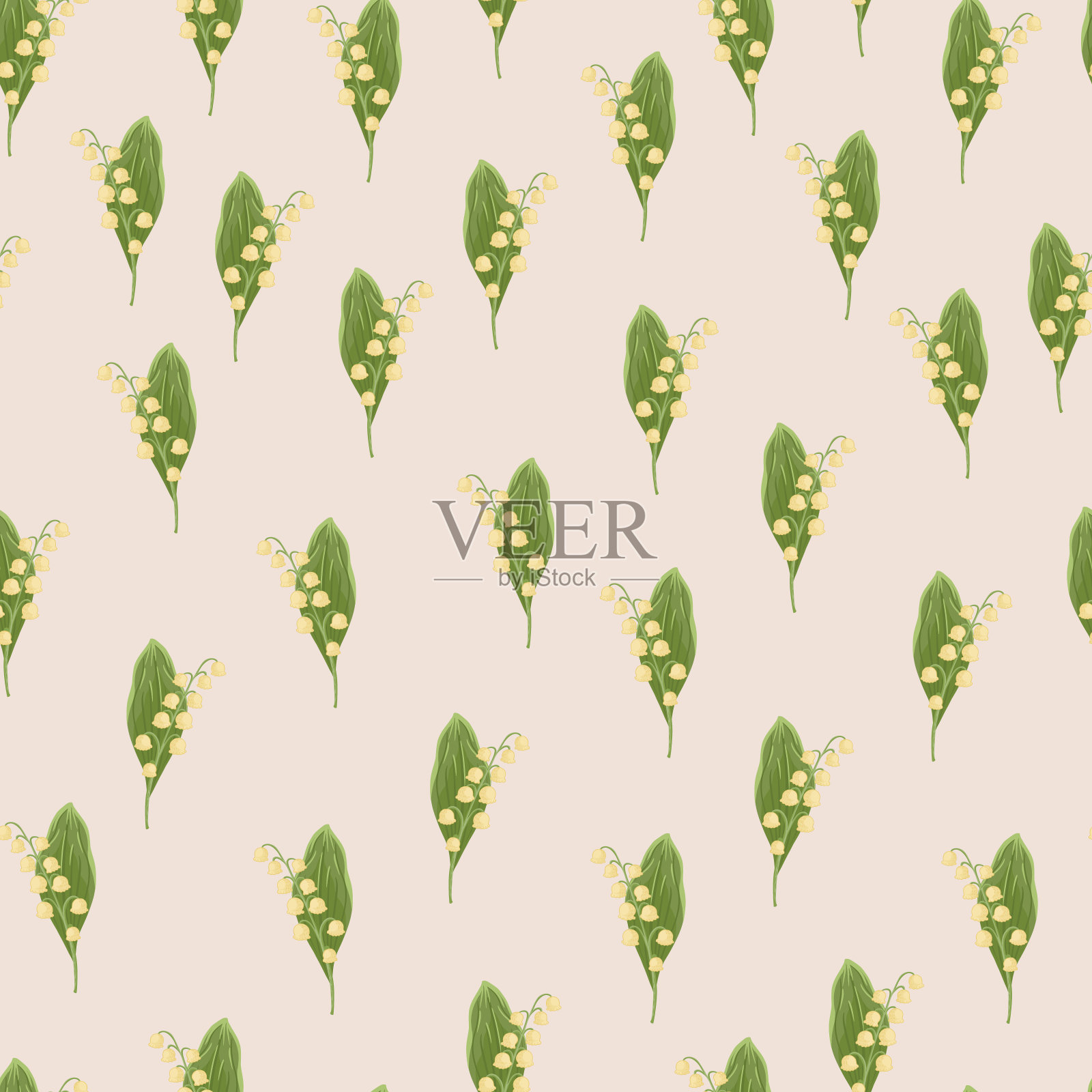 手绘小绿百合的山谷剪影无缝图案。淡粉色的背景。插画图片素材