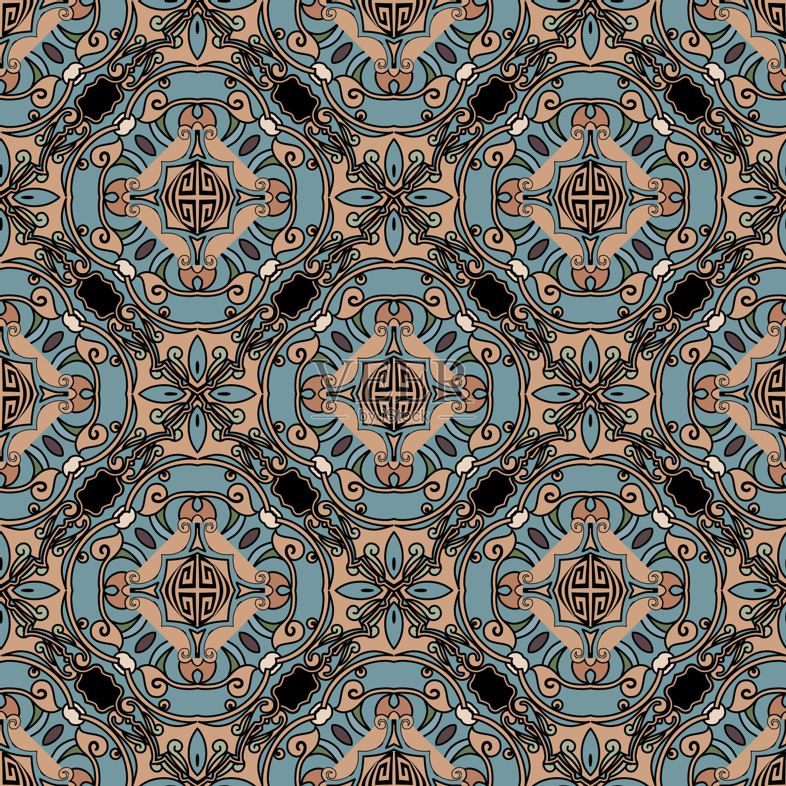 花卉无缝模式。美丽多彩的装饰背景。重复装饰矢量背景。古典希腊风格的装饰品与优雅的花，叶子，曼荼罗，漩涡。华丽的设计插画图片素材