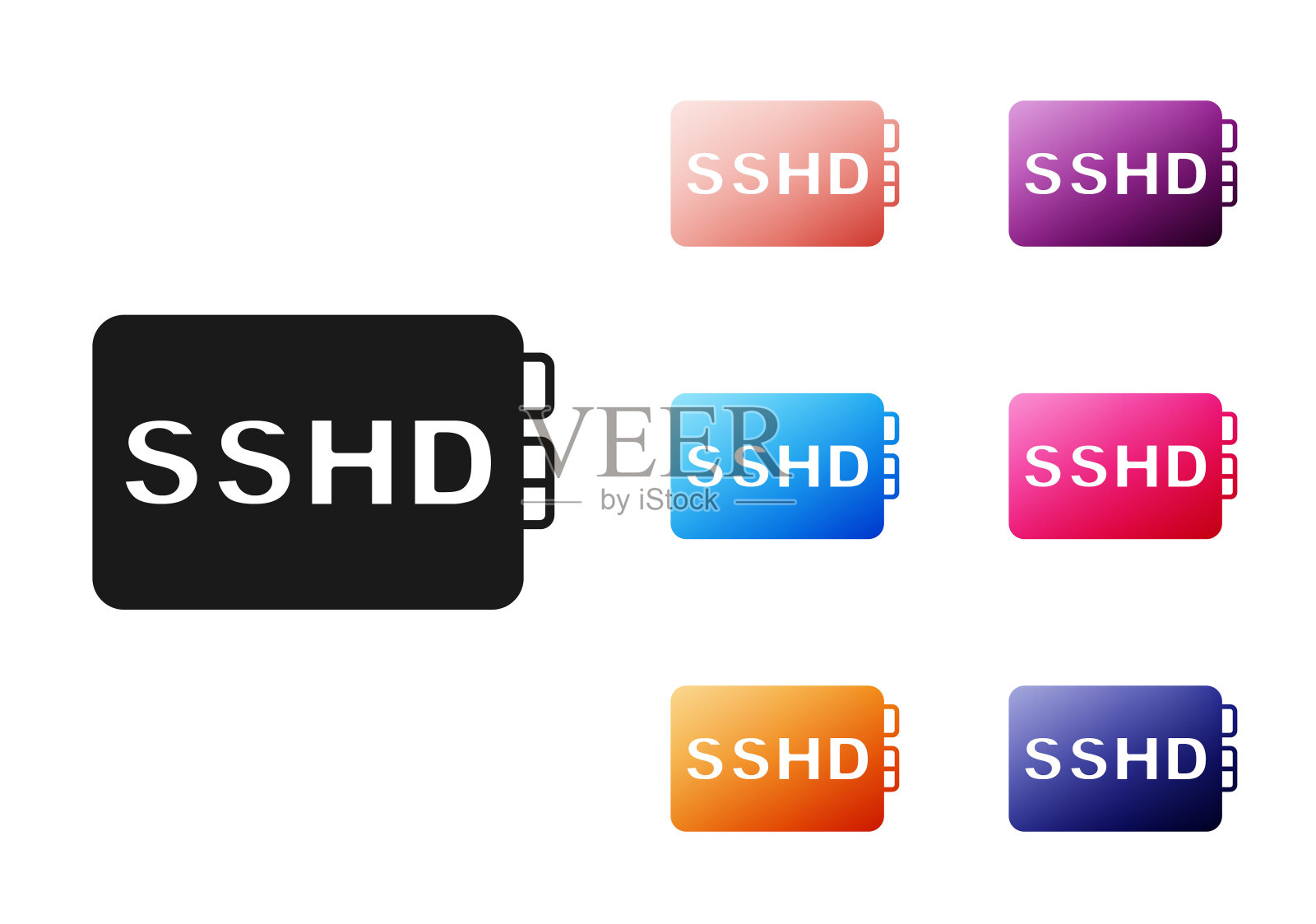 黑色SSHD卡图标隔离在白色背景上。固态驱动器标志。存储磁盘的象征。设置图标丰富多彩。向量插画图片素材