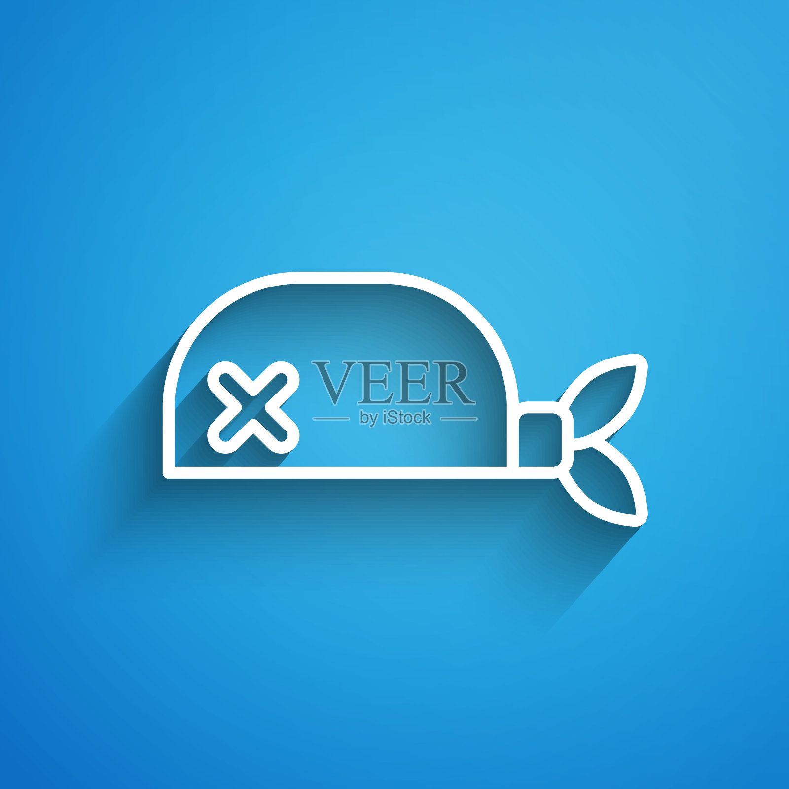 白色线海盗头巾的头图标孤立在蓝色背景。长长的阴影。向量图标素材