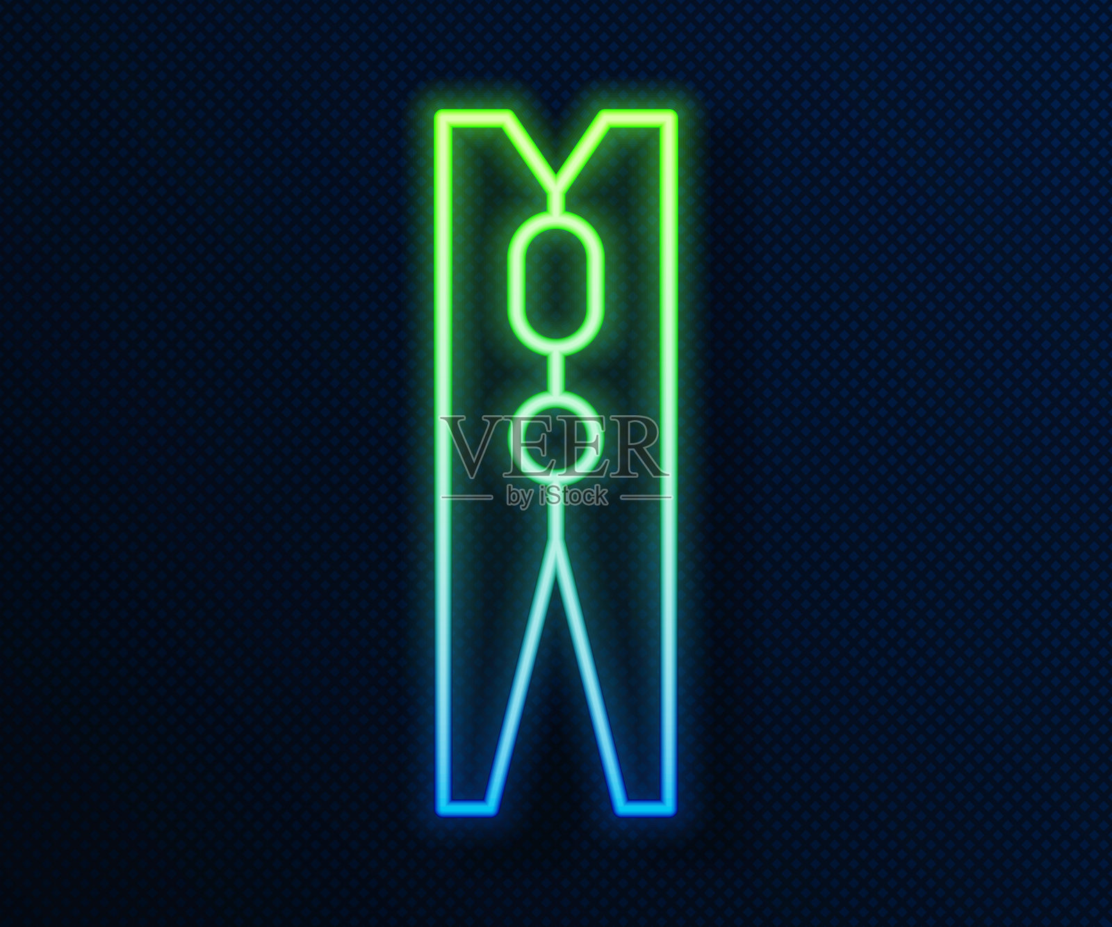 发光的霓虹线老木头衣服别针图标孤立在蓝色背景。衣服挂钩。向量插画图片素材