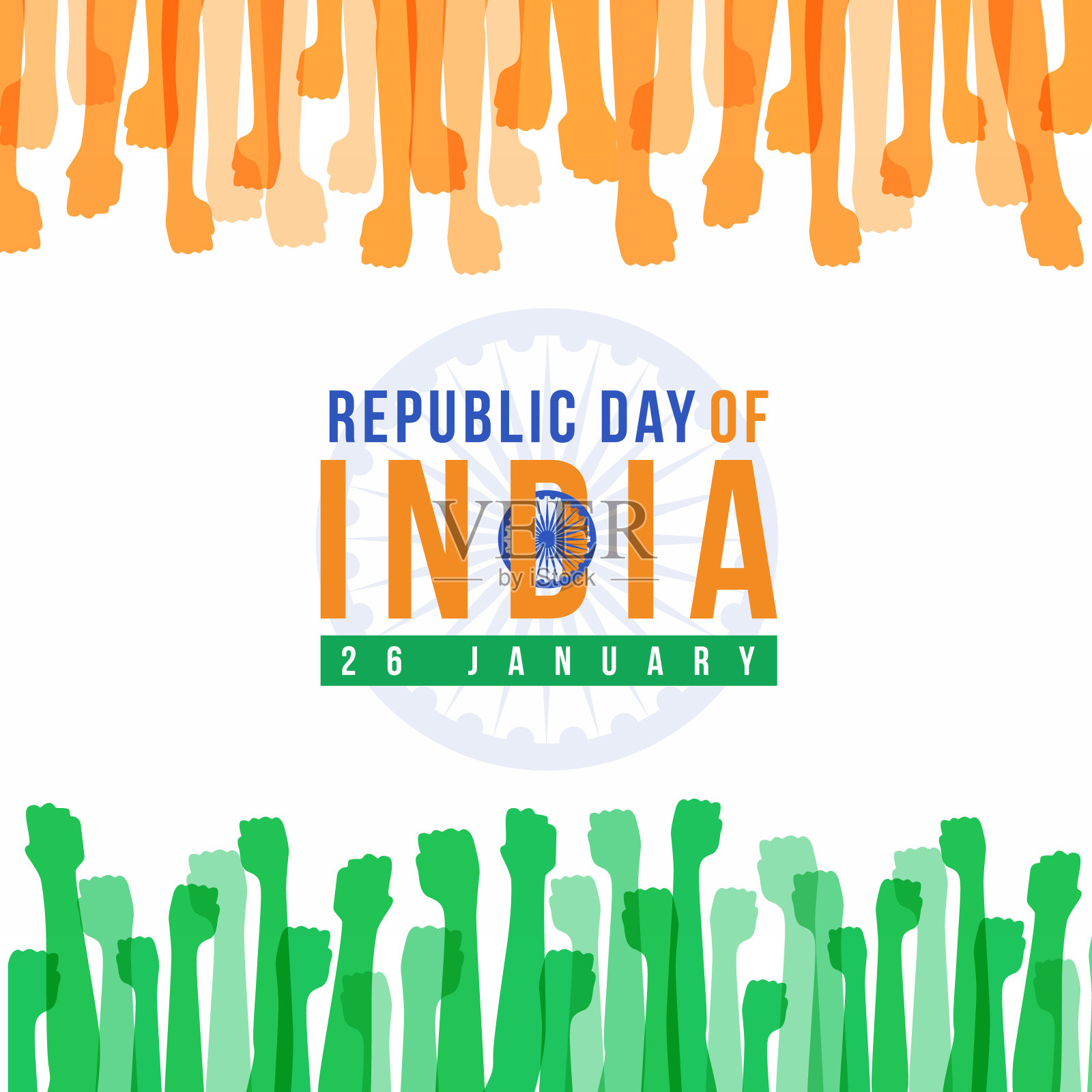 印度共和国日用抽象的橙色和绿色拳头手势和轮子标志旗矢量设计插画图片素材