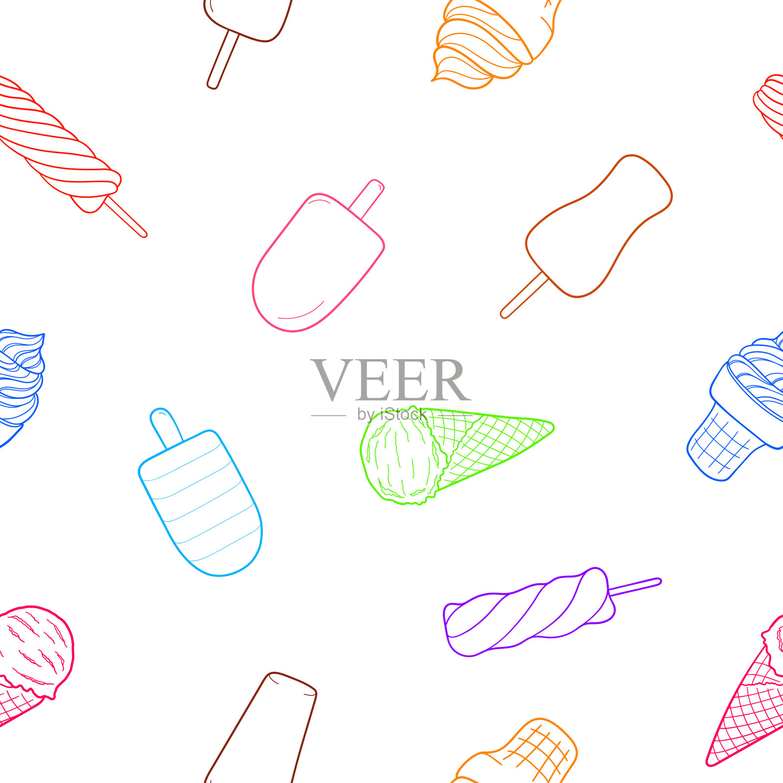 冰淇淋无缝图案。设计草图元素为菜单，咖啡馆，小酒馆，餐厅，包装等东西。矢量插图。设计元素图片