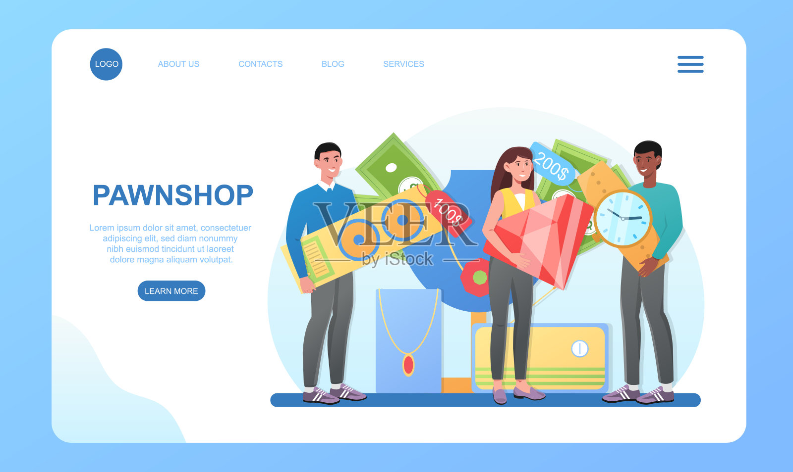 年轻的男性和女性角色一起把废品带到当铺插画图片素材