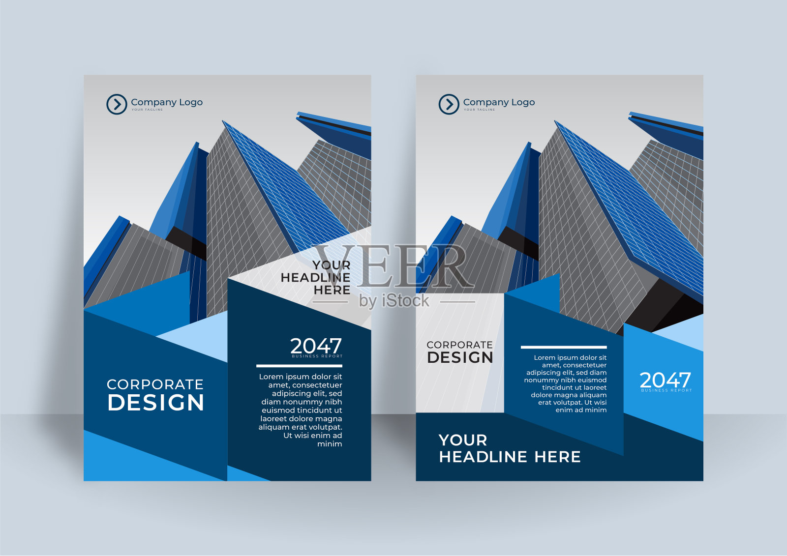 企业封面设计或宣传册模板背景商业设计。现代商业传单布局模板a4大小。现代封面设计年度报告与蓝色几何元素设计模板素材