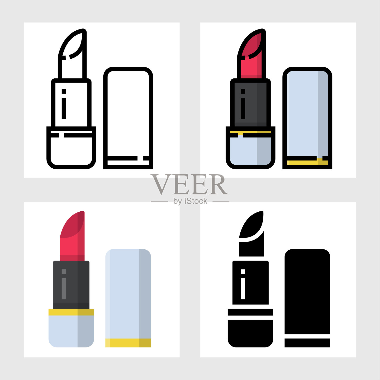 唇膏图标矢量设计在填充，细线，轮廓和平坦的风格。图标素材