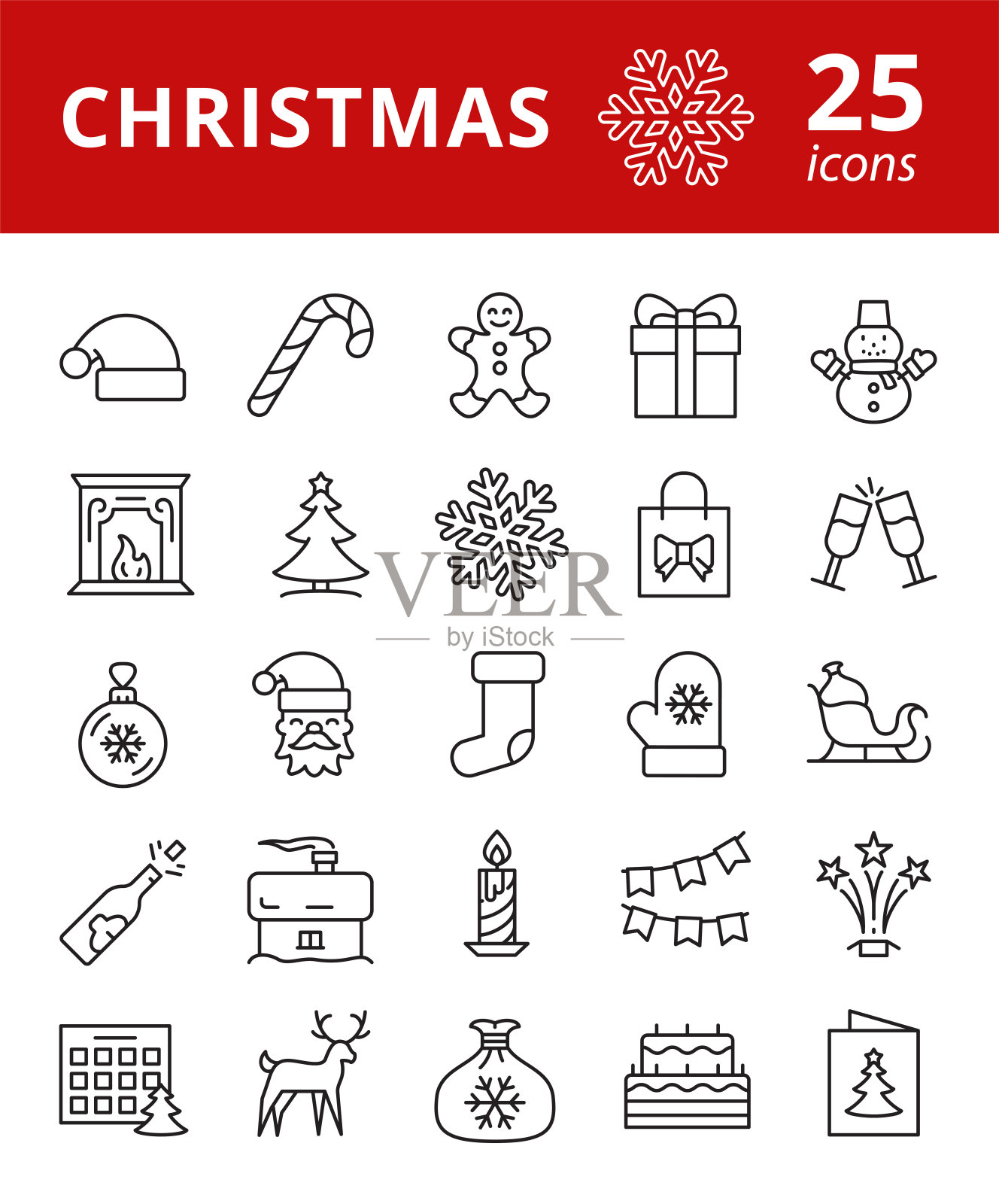 圣诞相关图标集。简单的轮廓的象征。矢量插图。图标素材