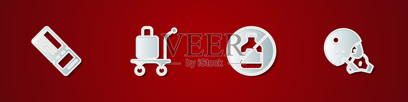 设置机票，行李车，没有酒精和现代飞行员头盔图标。向量插画图片素材