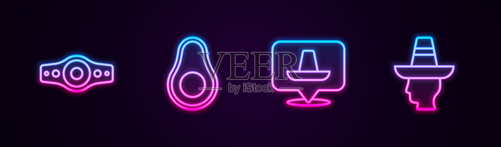 集摔跤冠军腰带，牛油果，墨西哥宽边帽和男子。发光的霓虹灯图标。向量插画图片素材